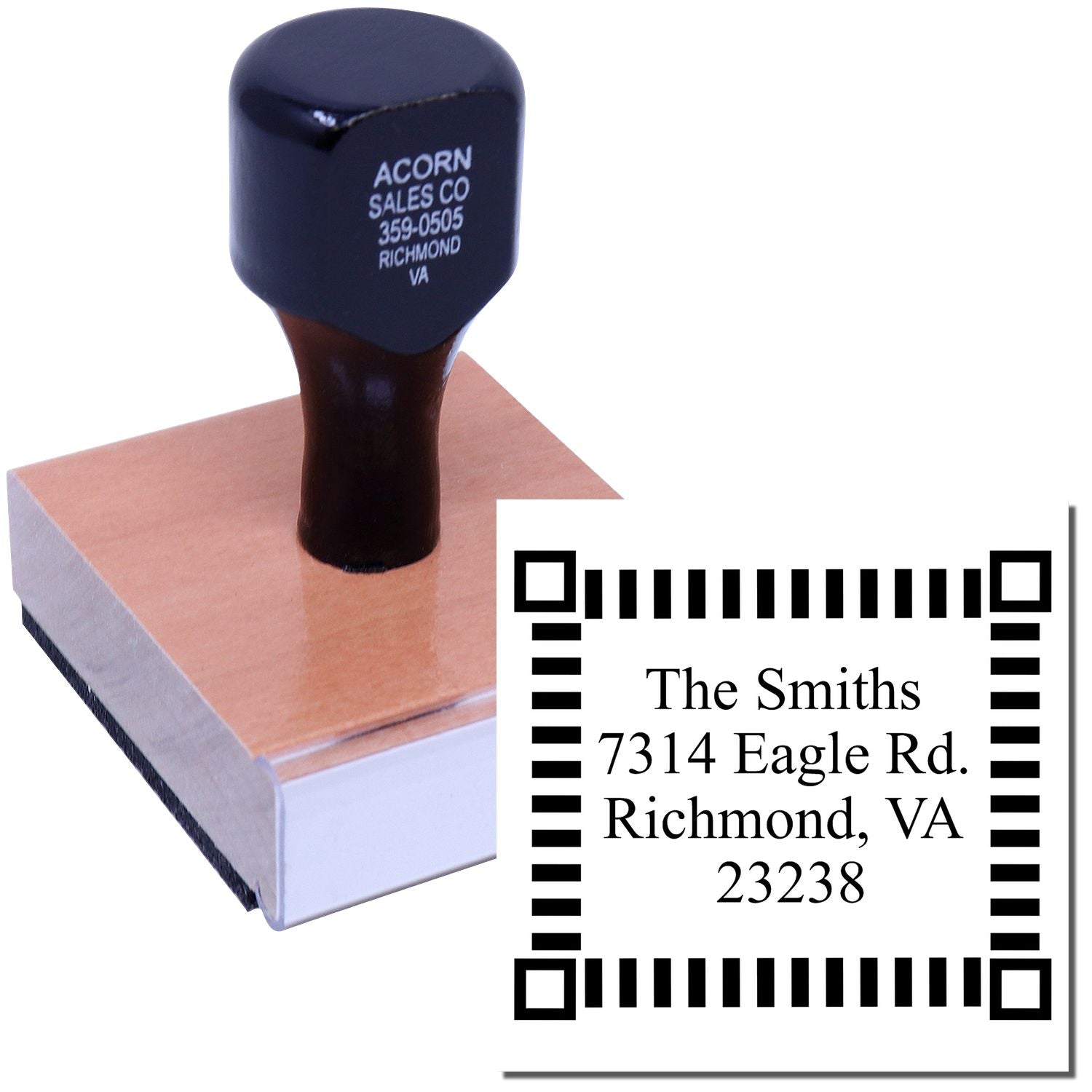 Address stamp on ink pad reading The Smiths, 7314 Eagle Rd, Richmond, VA 23238, featuring Acorn Sales Co stamp for mailing and shipping.