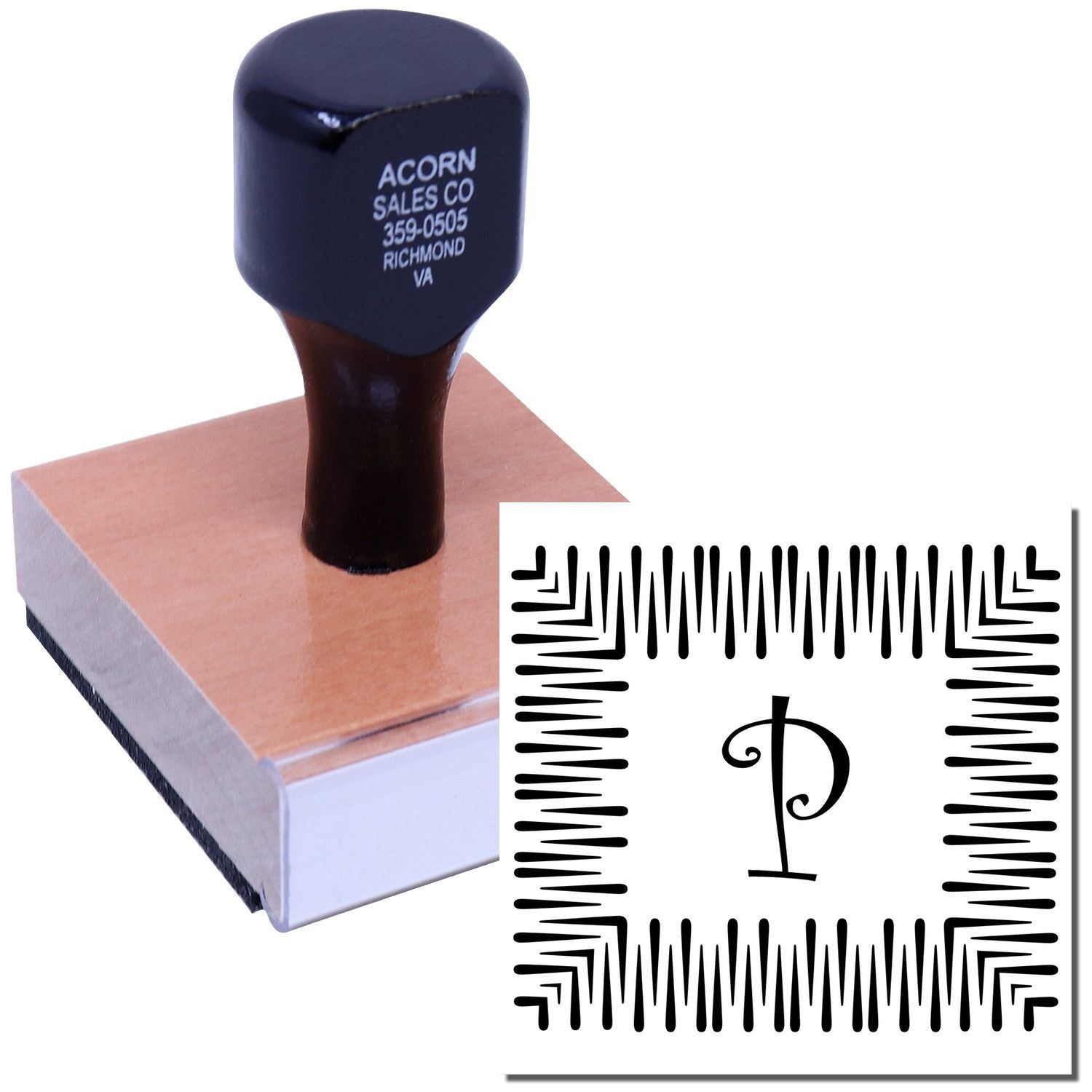 Blue rubber stamp for Acorn Sales Co, Richmond VA, phone 359-0505, with decorative logo on packaged office stamp.