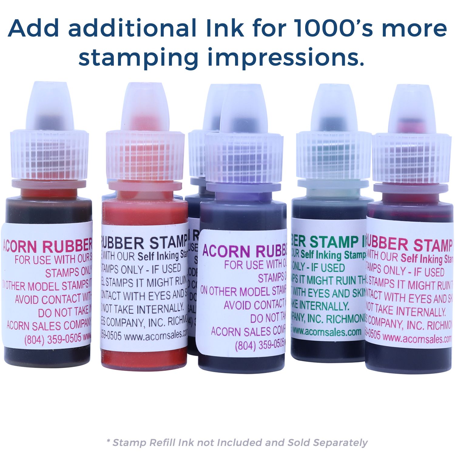 Assorted self-inking stamp refill ink bottles for extending thousands of stamping impressions.