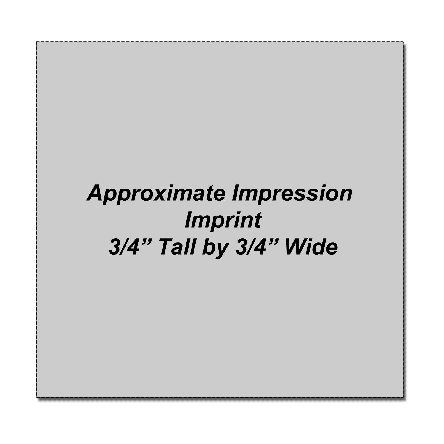 Gray product imprint size guide showing approximate impression area, 3/4" tall by 3/4" wide.