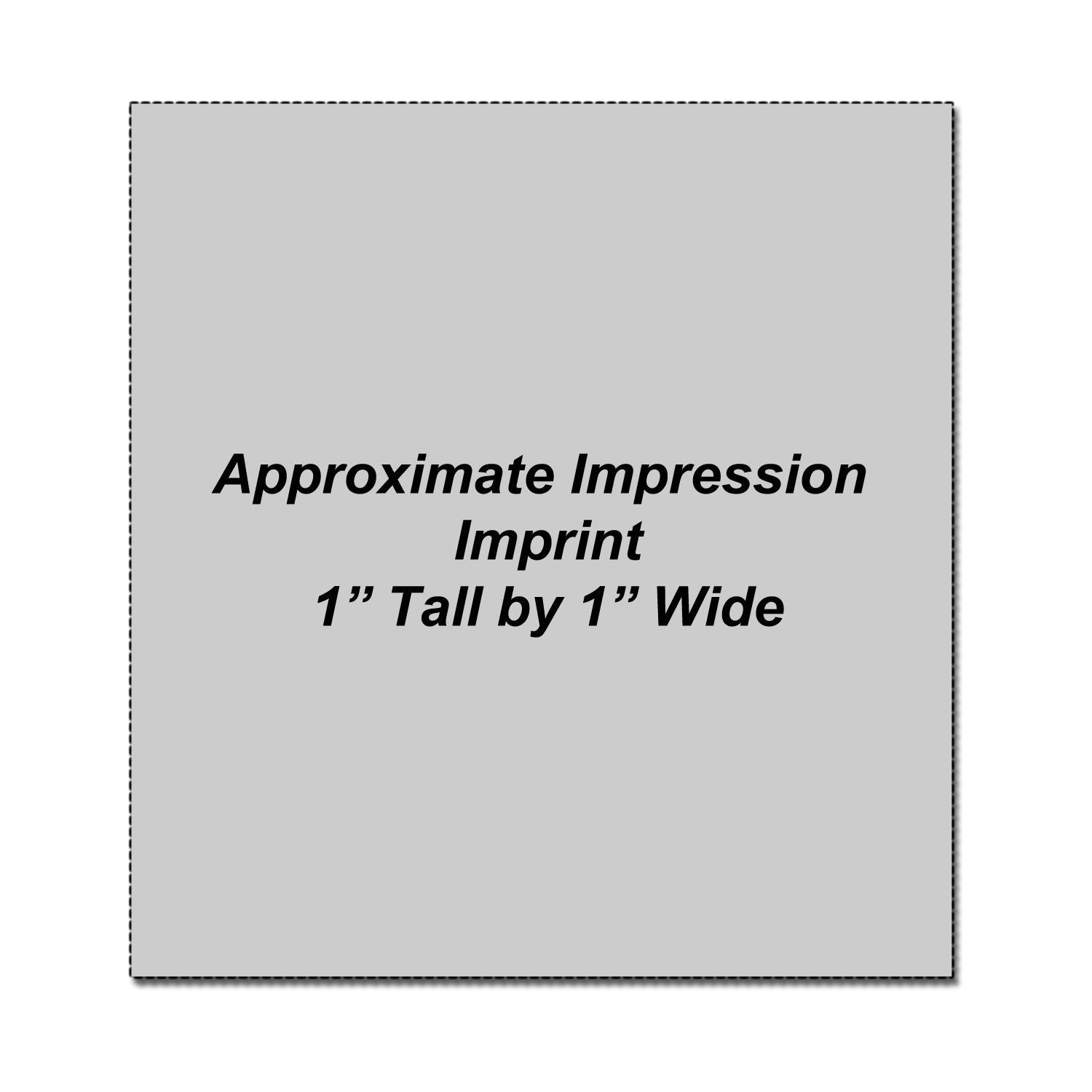 Approximate impression imprint size guide showing a 1 inch tall by 1 inch wide square template.
