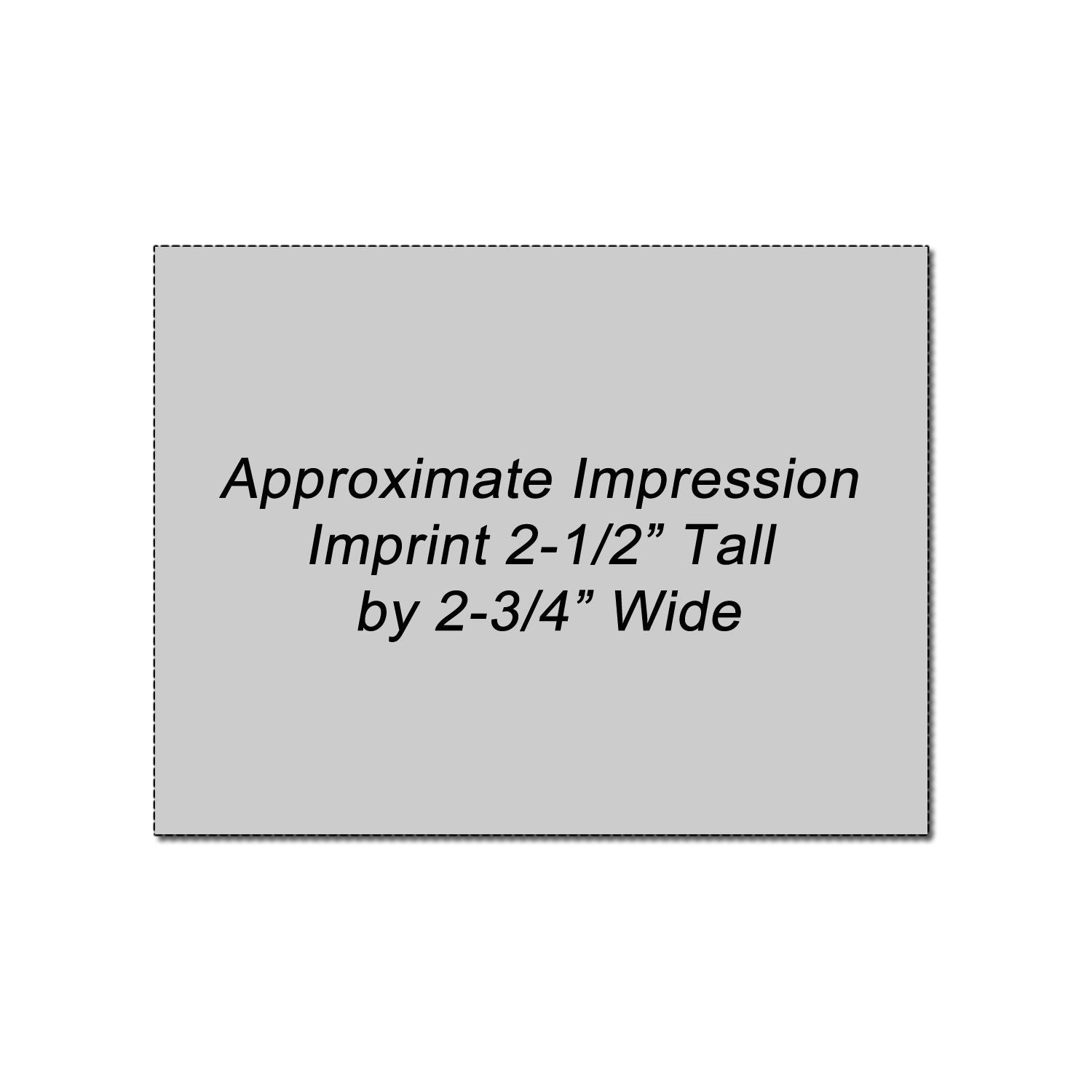 Gray product dimension graphic showing approximate imprint area, 2-1/2 inches tall by 2-3/4 inches wide.