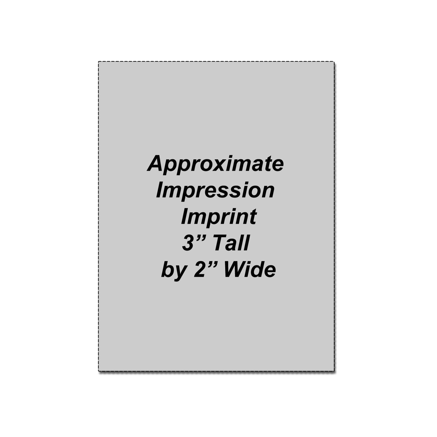 Approximate imprint size mockup showing a 3-inch tall by 2-inch wide logo placement area.
