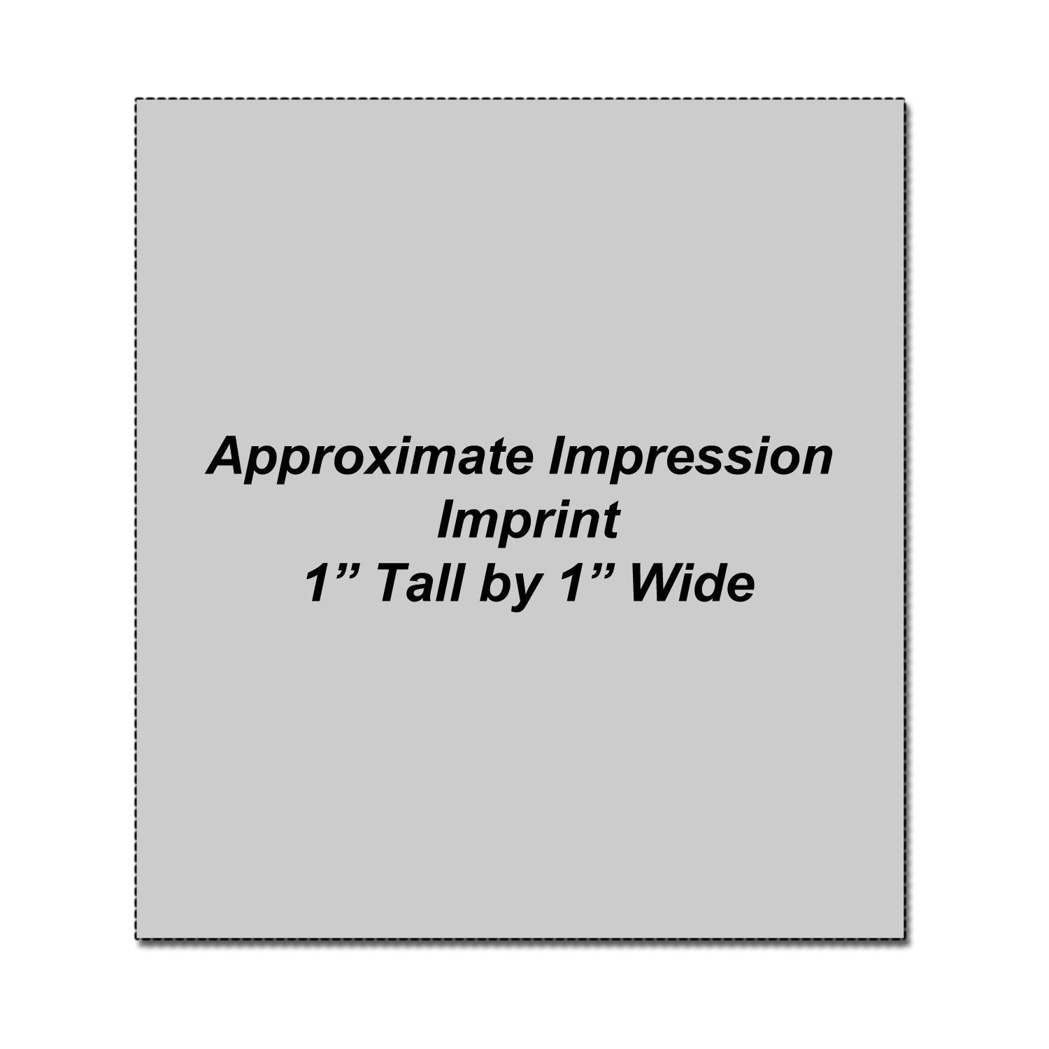 Gray square product imprint size guide showing approximate impression area, 1 inch tall by 1 inch wide.
