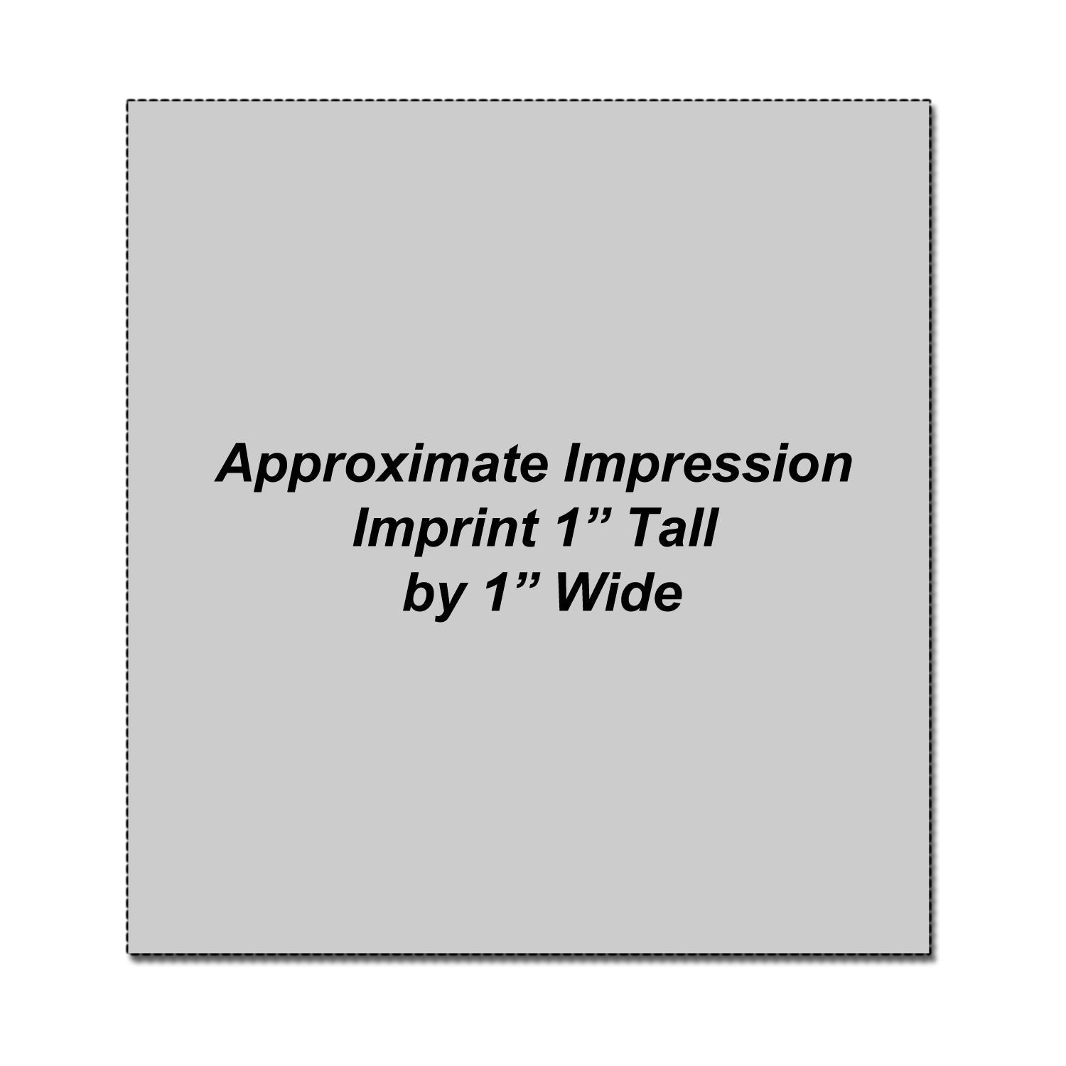 Approximate impression imprint size 1 inch tall by 1 inch wide grey product measurement graphic