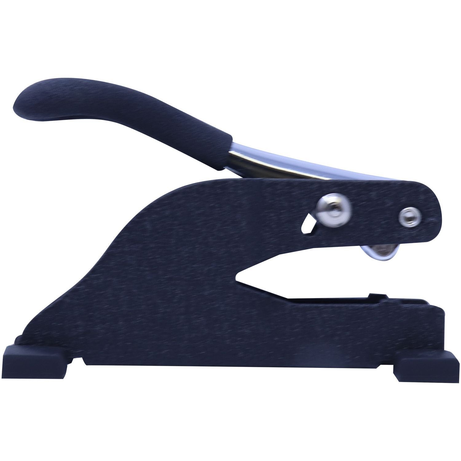 Black heavy-duty metal hole punch office tool with lever handle on white background