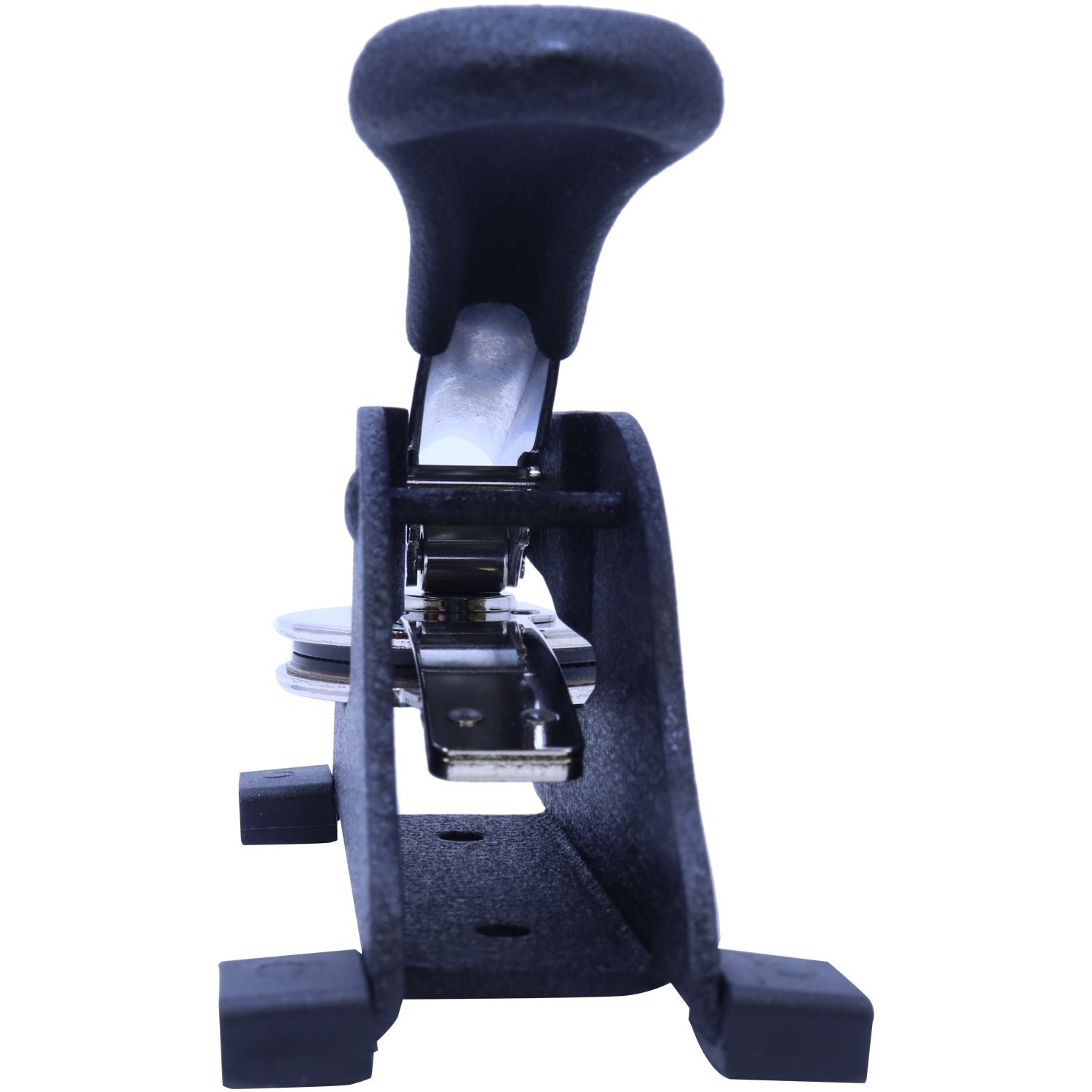 Black heavy-duty paper hole puncher isolated on white background, office stationery tool with lever handle.