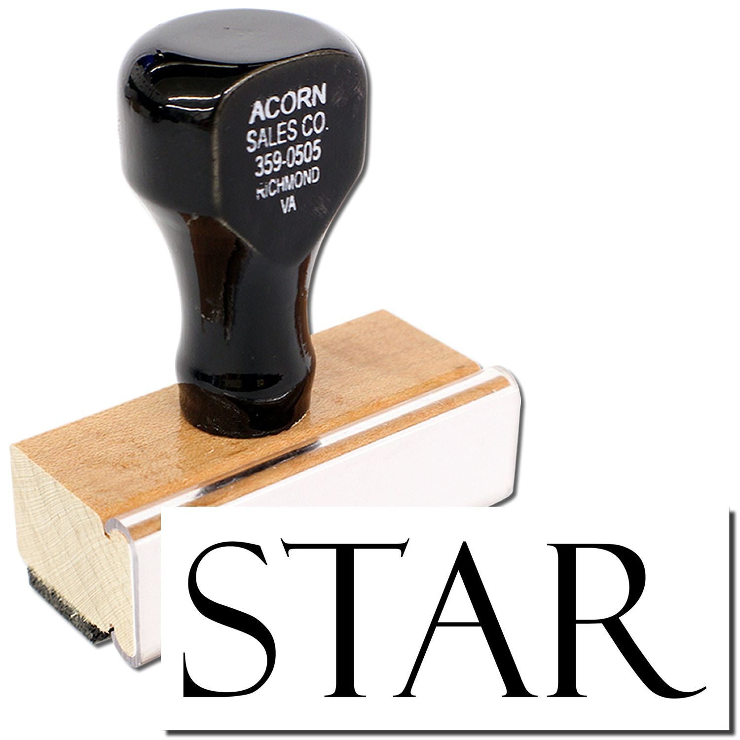 Star rubber stamp with black handle and wooden base, office supply product image