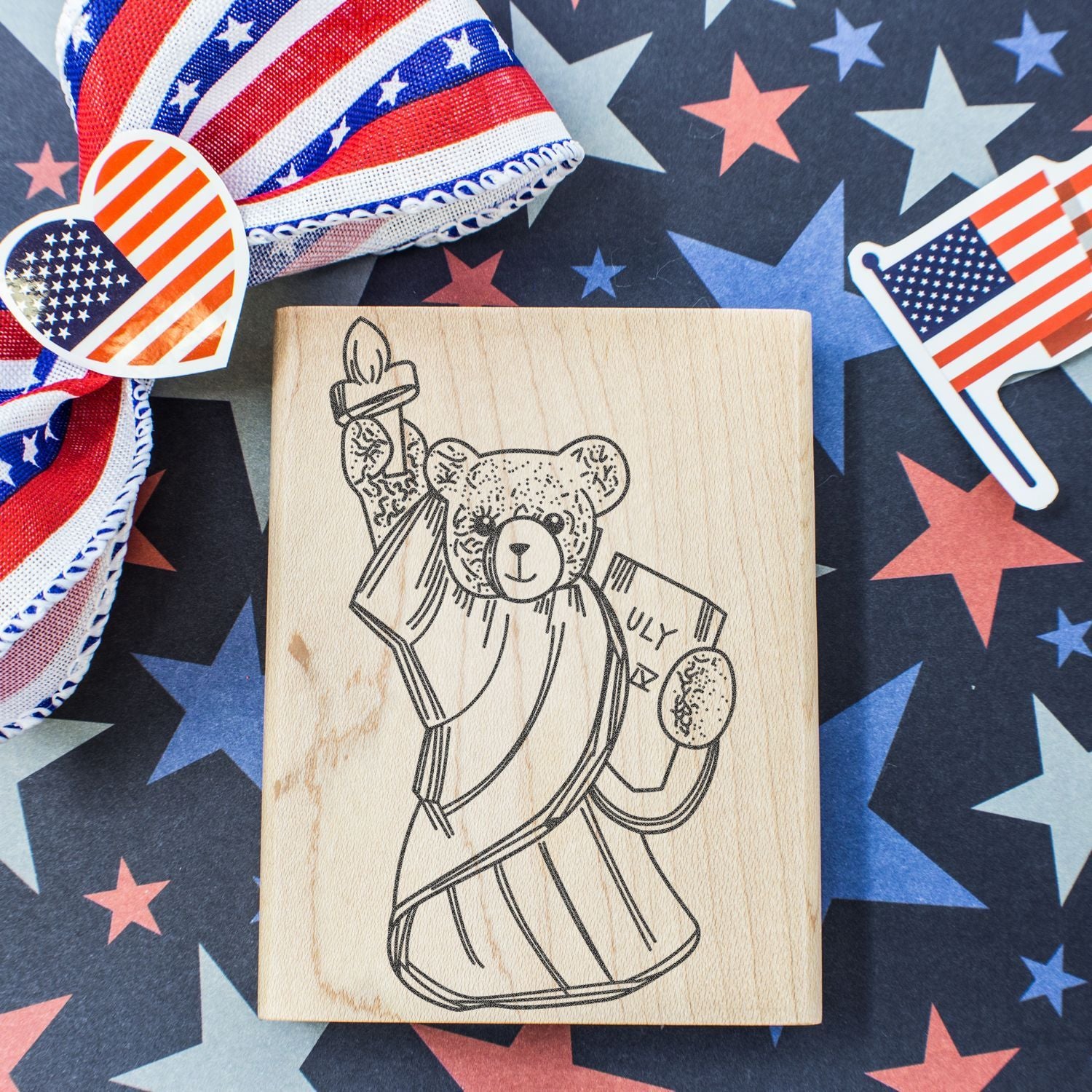 Patriotic teddy bear wooden stamp with American flag and stars for Fourth of July decor