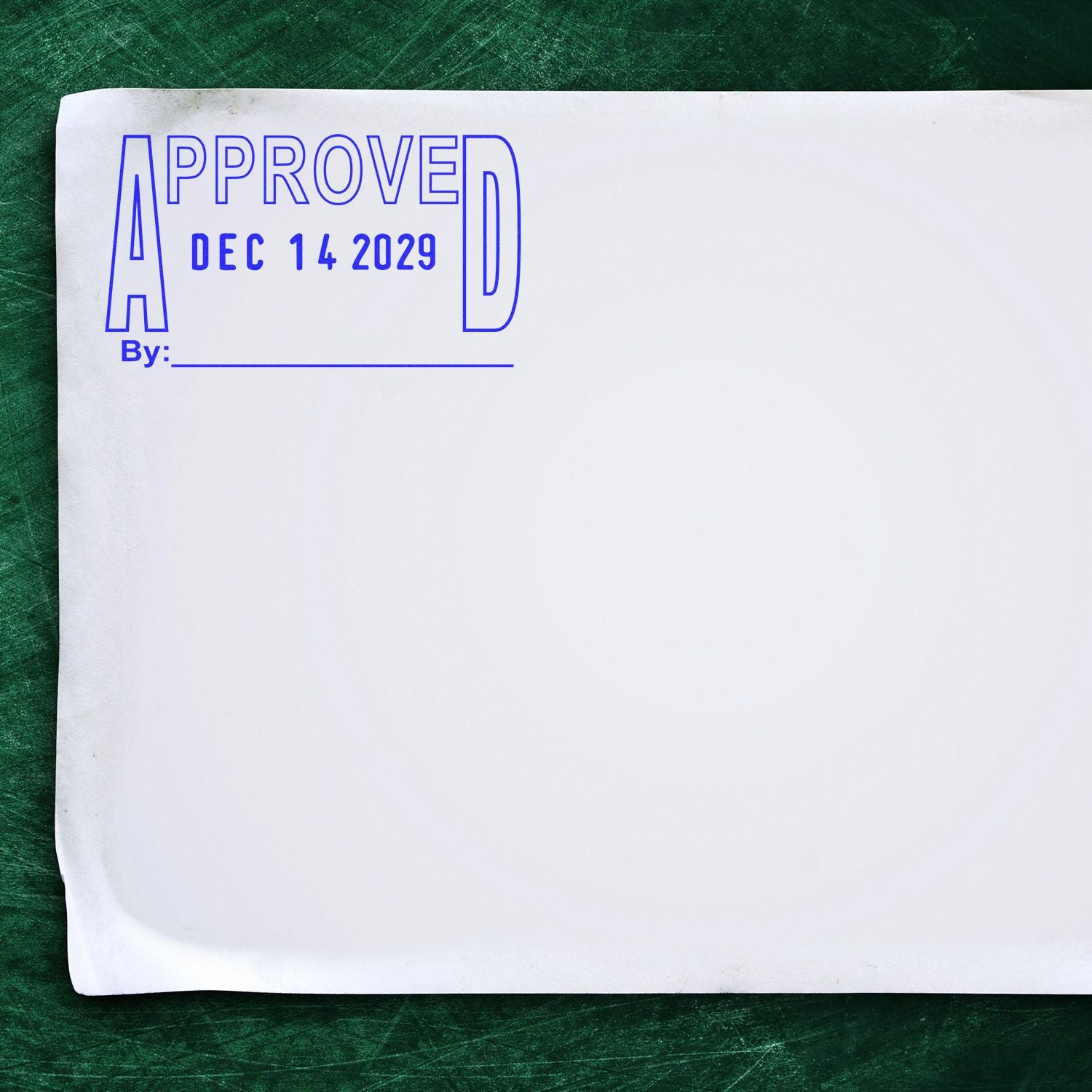 Approved stamp on blank white document with date Dec. 14, 2029, on a green textured background.