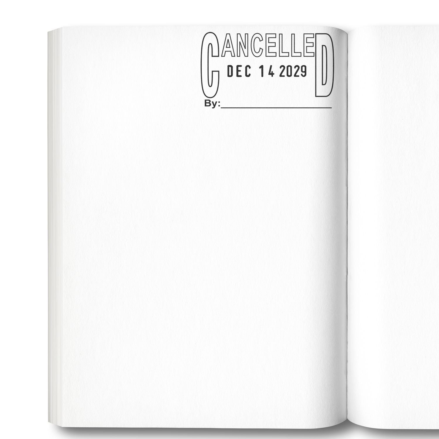 Open blank journal page with CANCELLED Dec 14 2029 stamp and signature line.