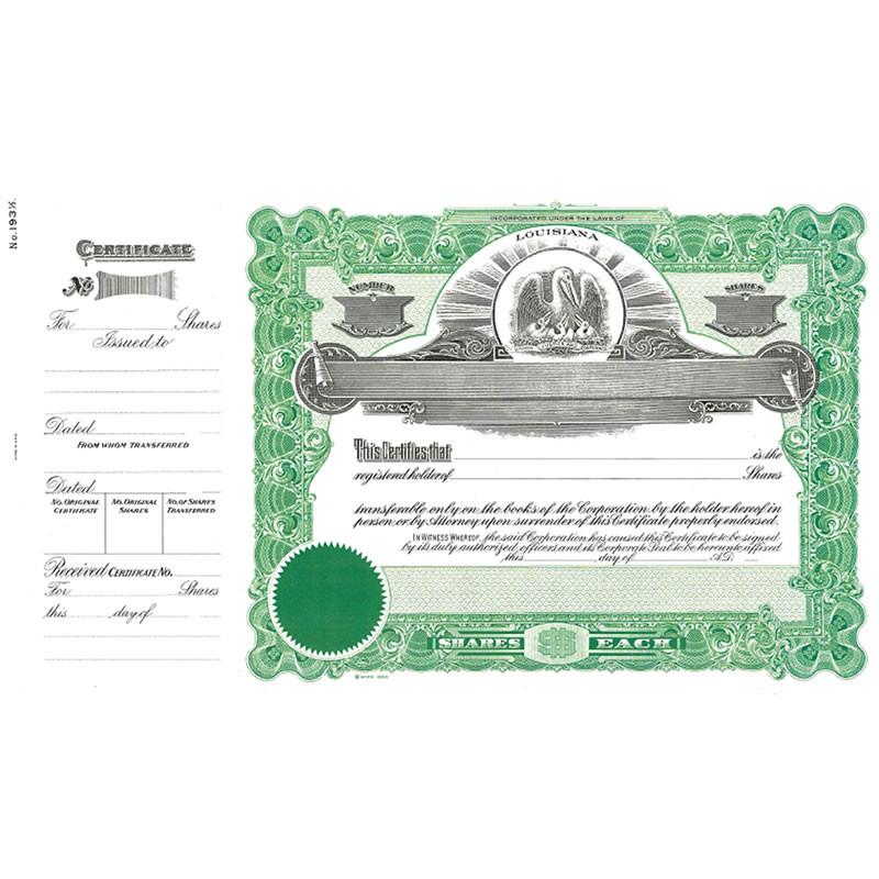 Louisiana stock certificate for shareholders, featuring certificate number, signatures, and transfer details on an ornate green document.