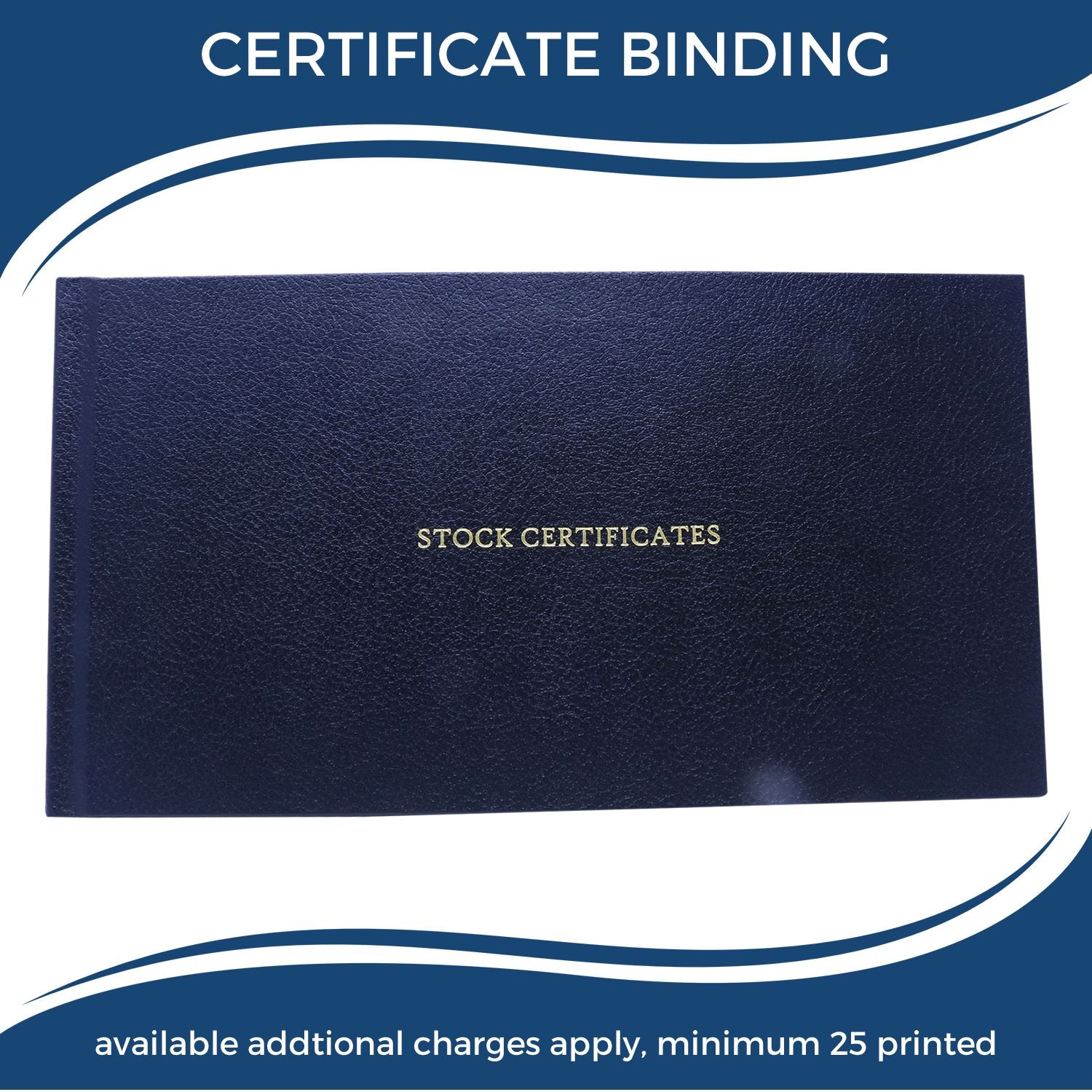Certificate binding service shown with a stock certificates binder cover labeled STOCK CERTIFICATES for corporate share certificates.