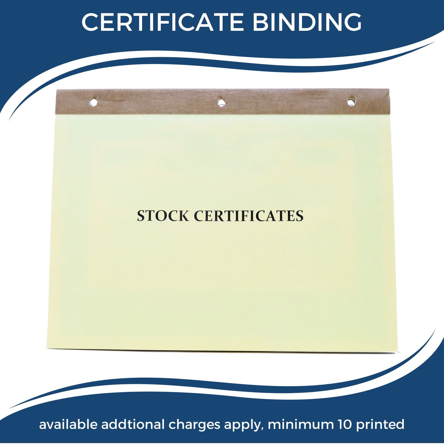 Certificate binding service showing a stock certificates binder labeled Stock Certificates for secure document presentation, storage.