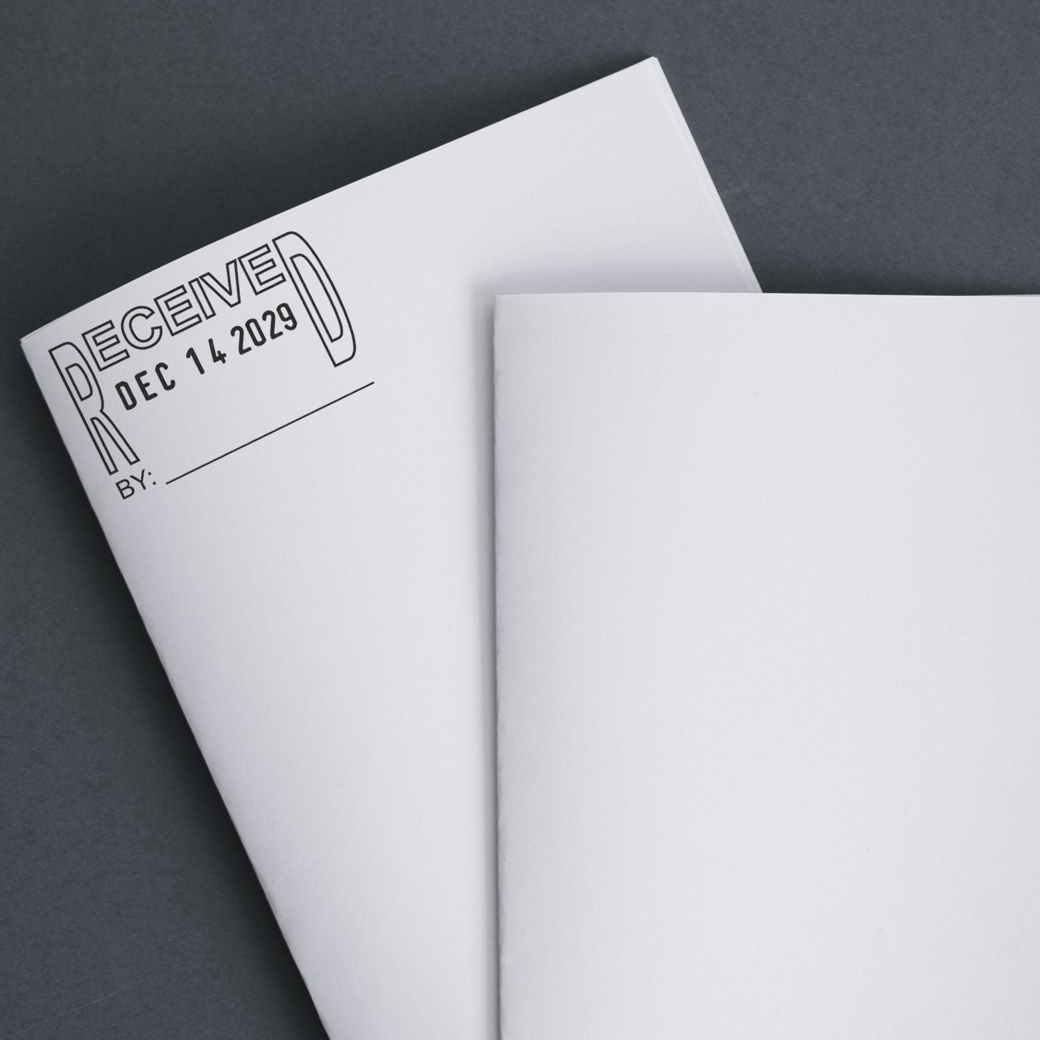 White document stamped Received Dec 14, 2029 on a dark background, showing paperwork receipt confirmation.