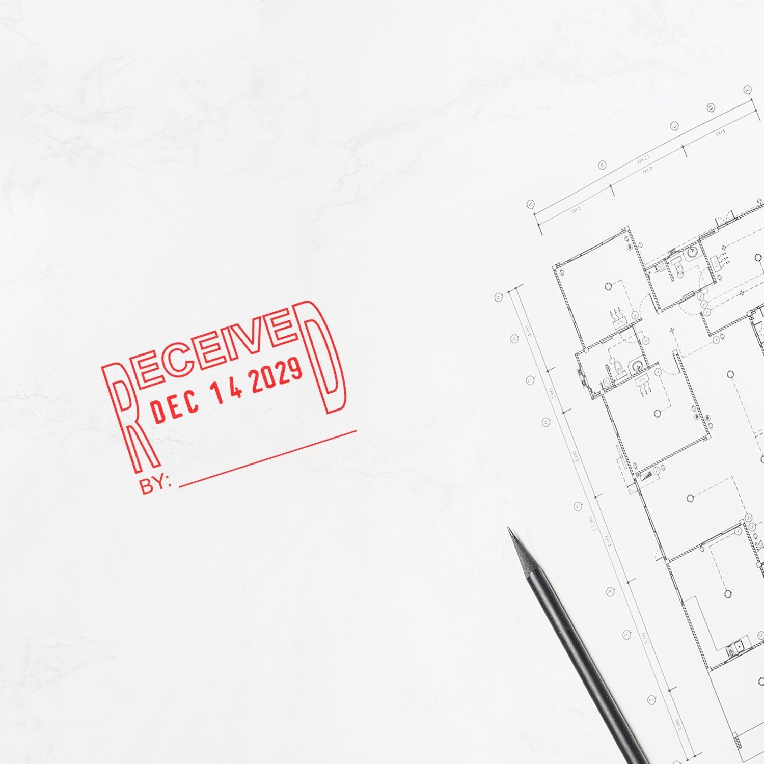Architectural blueprint with red received stamp dated Dec. 14, 2029 and pencil on white design plan background.