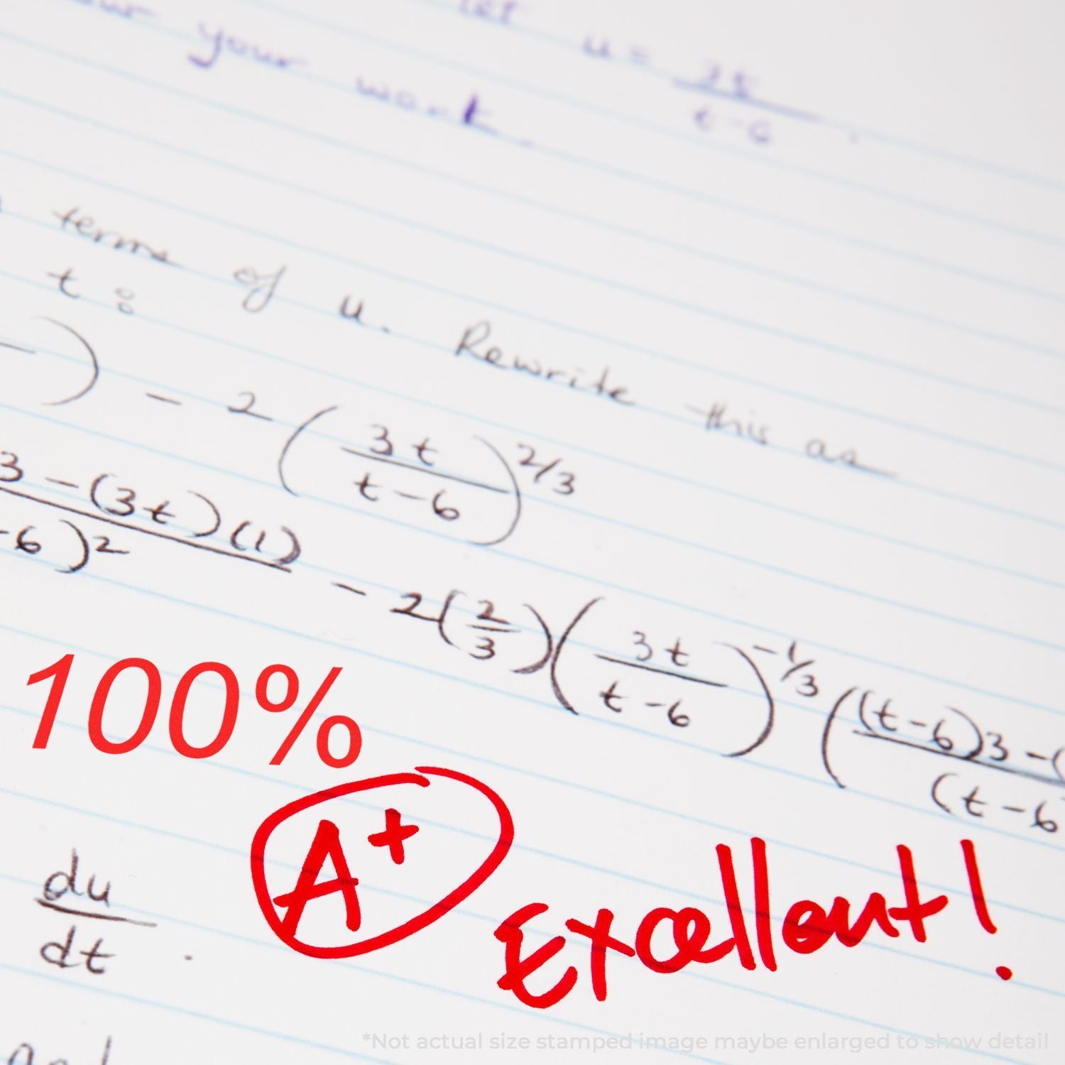 Close-up of math homework equations with circled A+ grade and 'Excellent' 100% stamp, highlighting outstanding math performance.