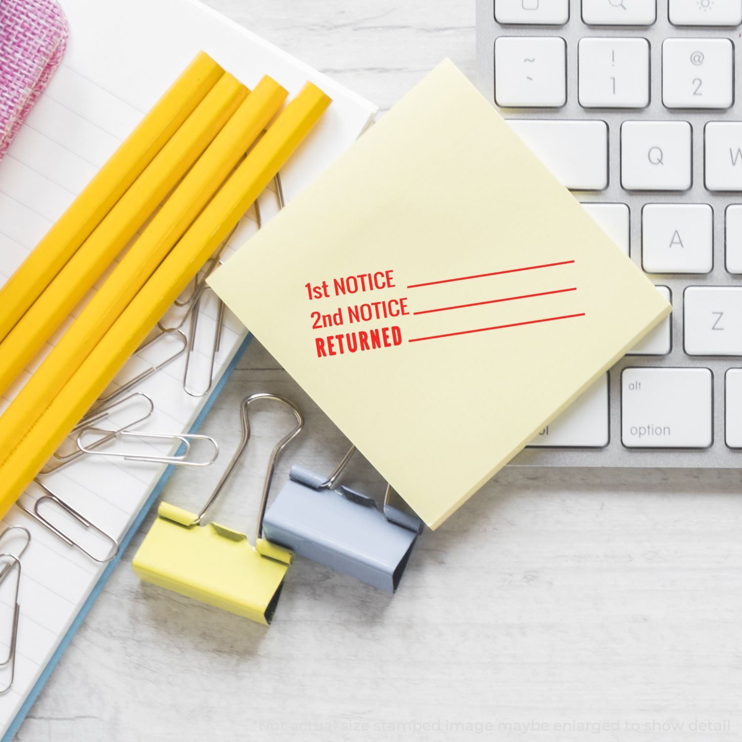 Office stationery papers marked 1st NOTICE, 2nd NOTICE, RETURNED with pencils and keyboard for document return notifications