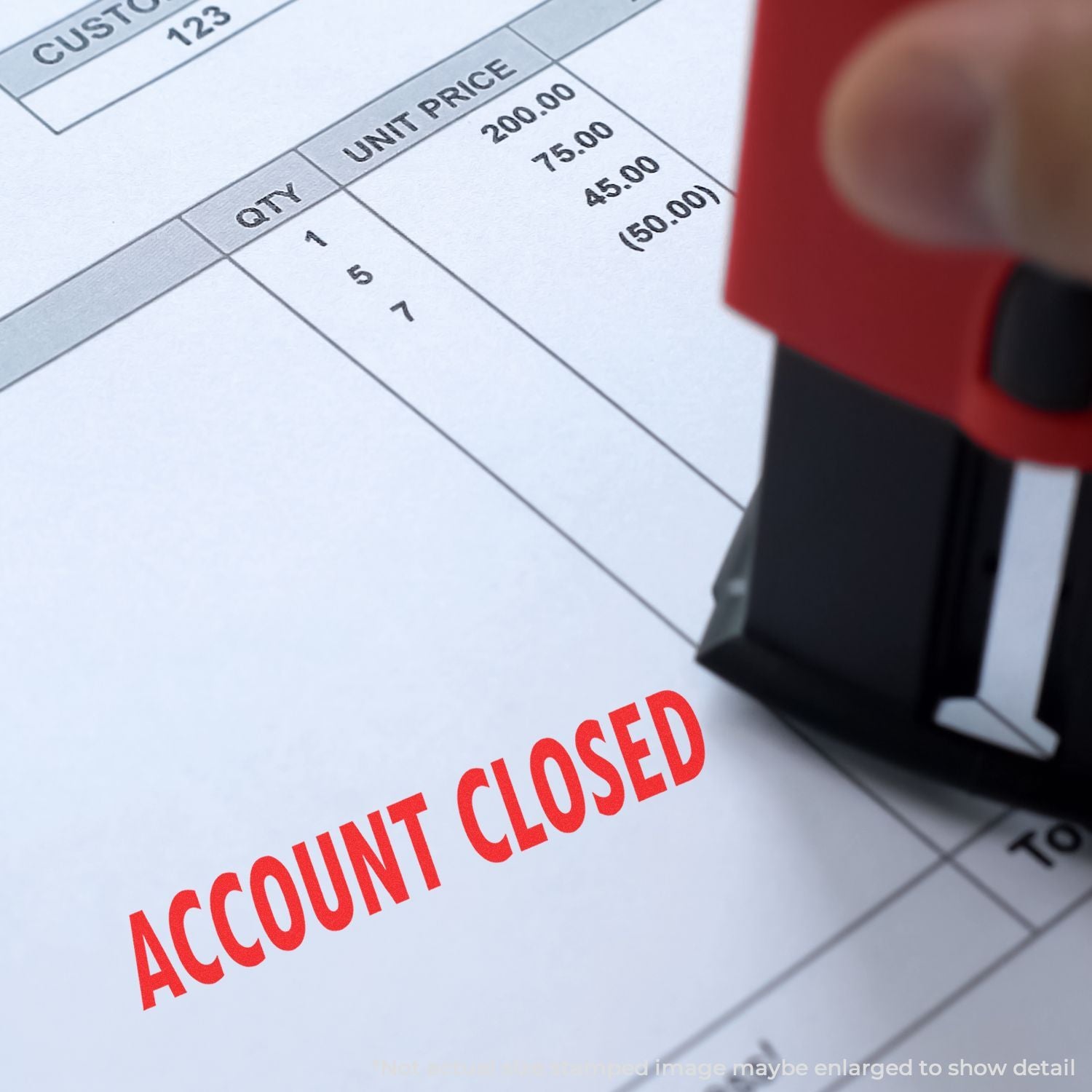 Account closed stamp on financial invoice document with unit prices and quantities, indicating business account closure.