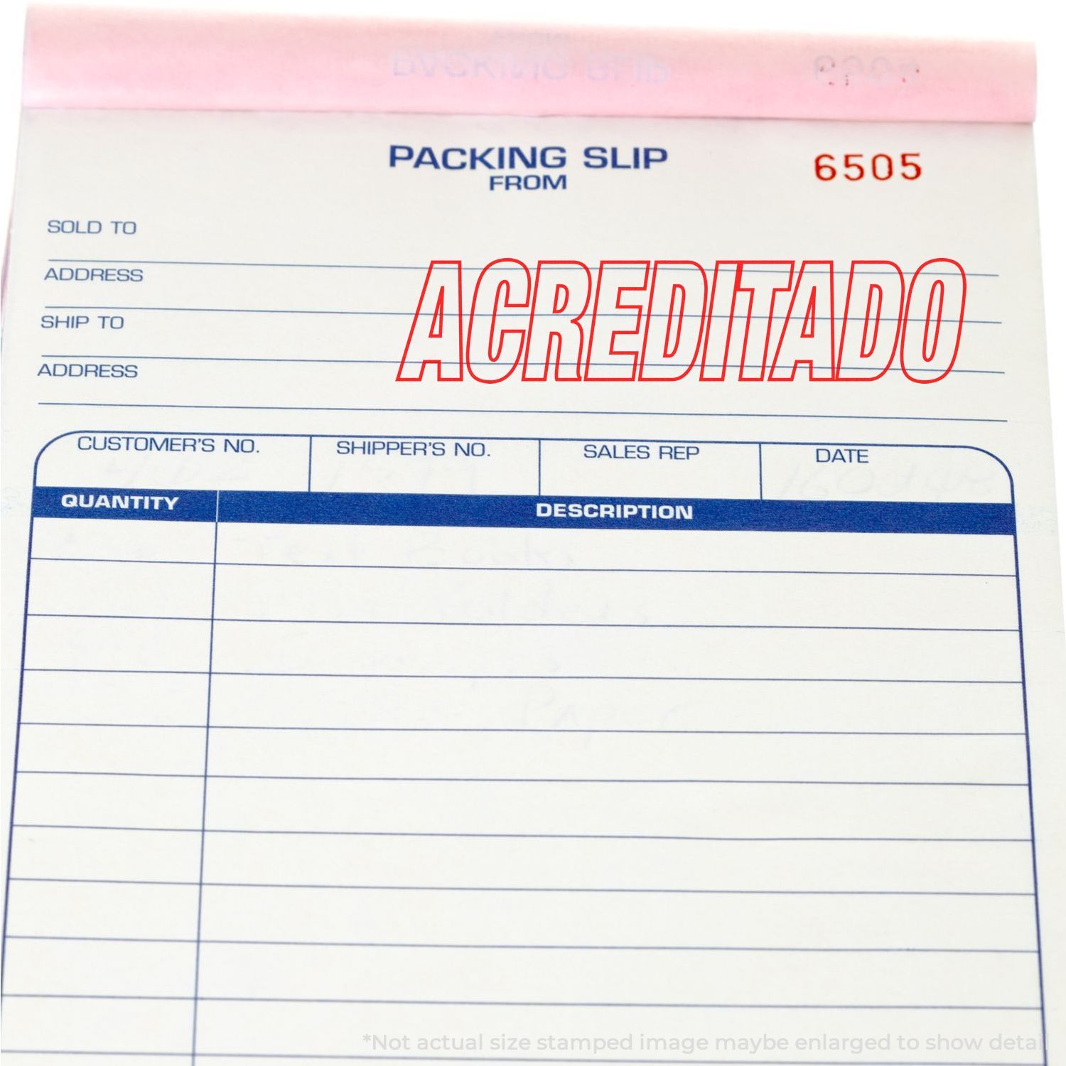 Packing slip document with Acreditado marking, order number 6505, and shipping fields for warehouse delivery records