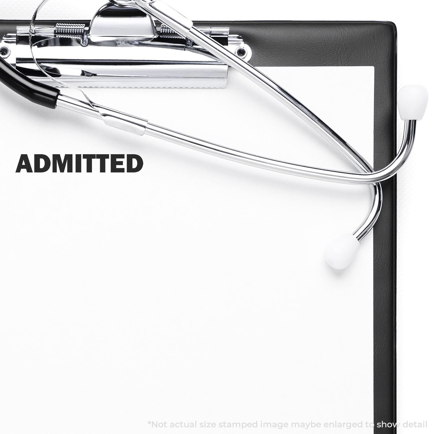 Medical stethoscope on black clipboard with Admitted stamp, indicating patient hospital admission and healthcare status.