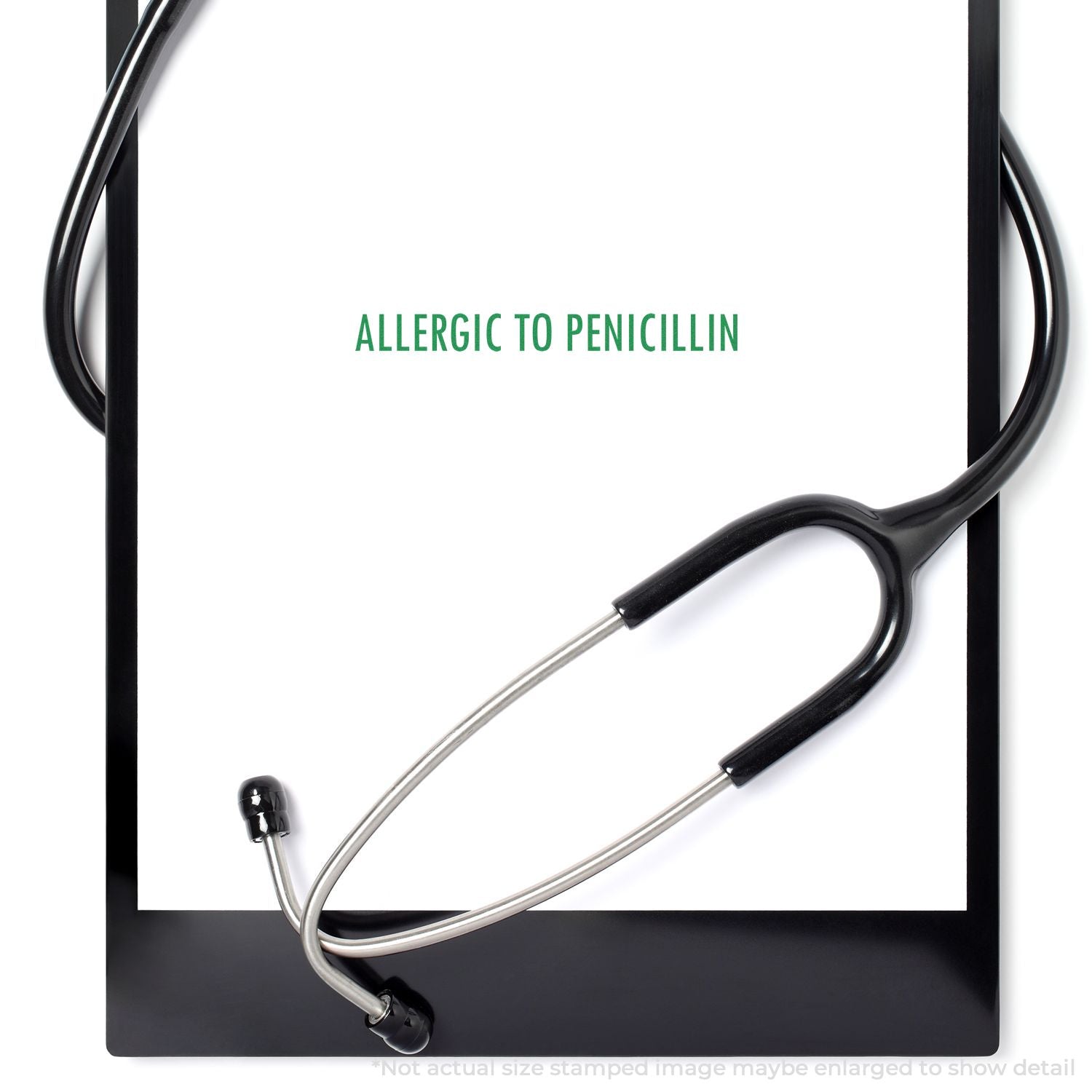 Clipboard with allergic to penicillin note and stethoscope, medical allergy alert concept