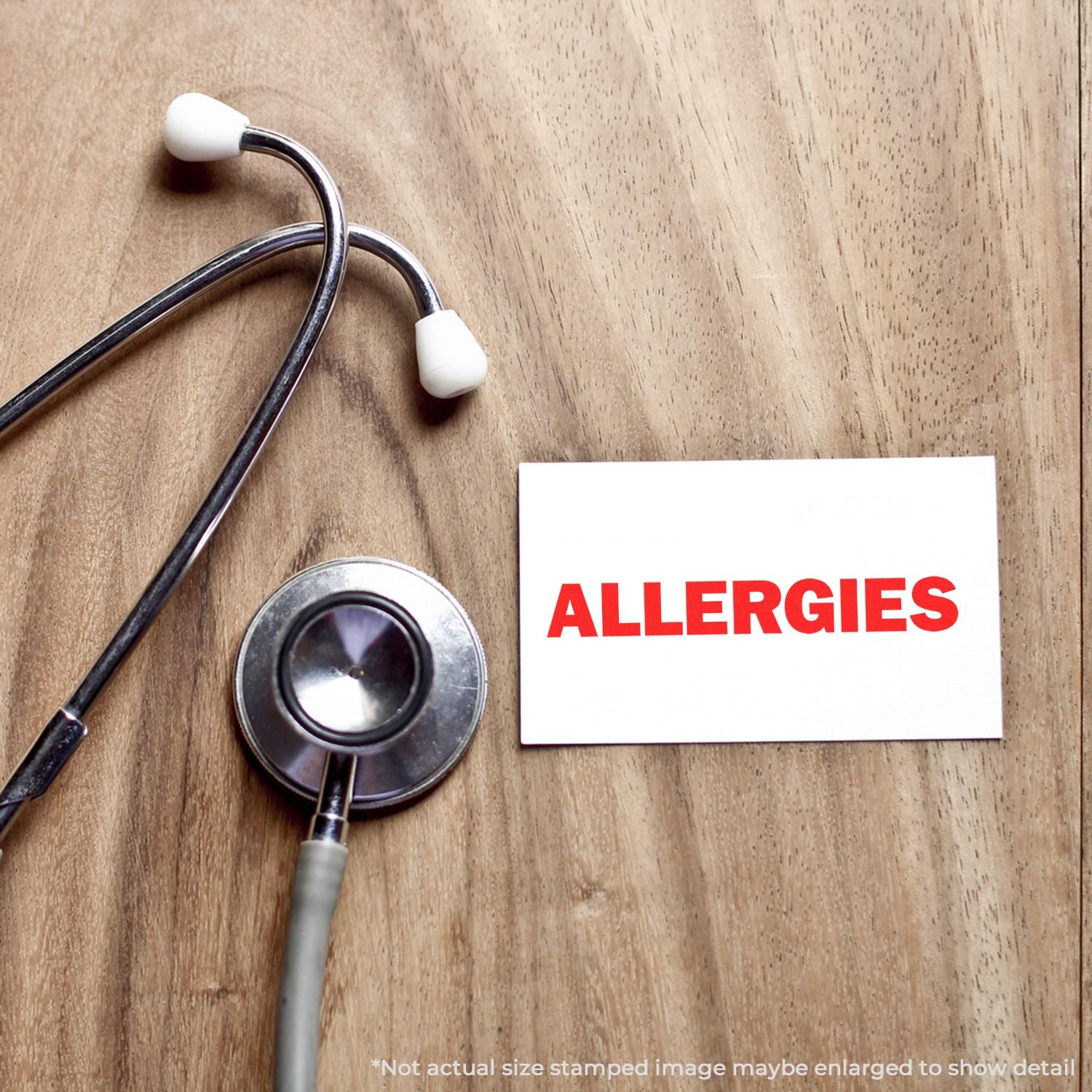 Stethoscope beside ALLERGIES alert sign on desk, highlighting allergy symptoms and healthcare information for patients and treatment.