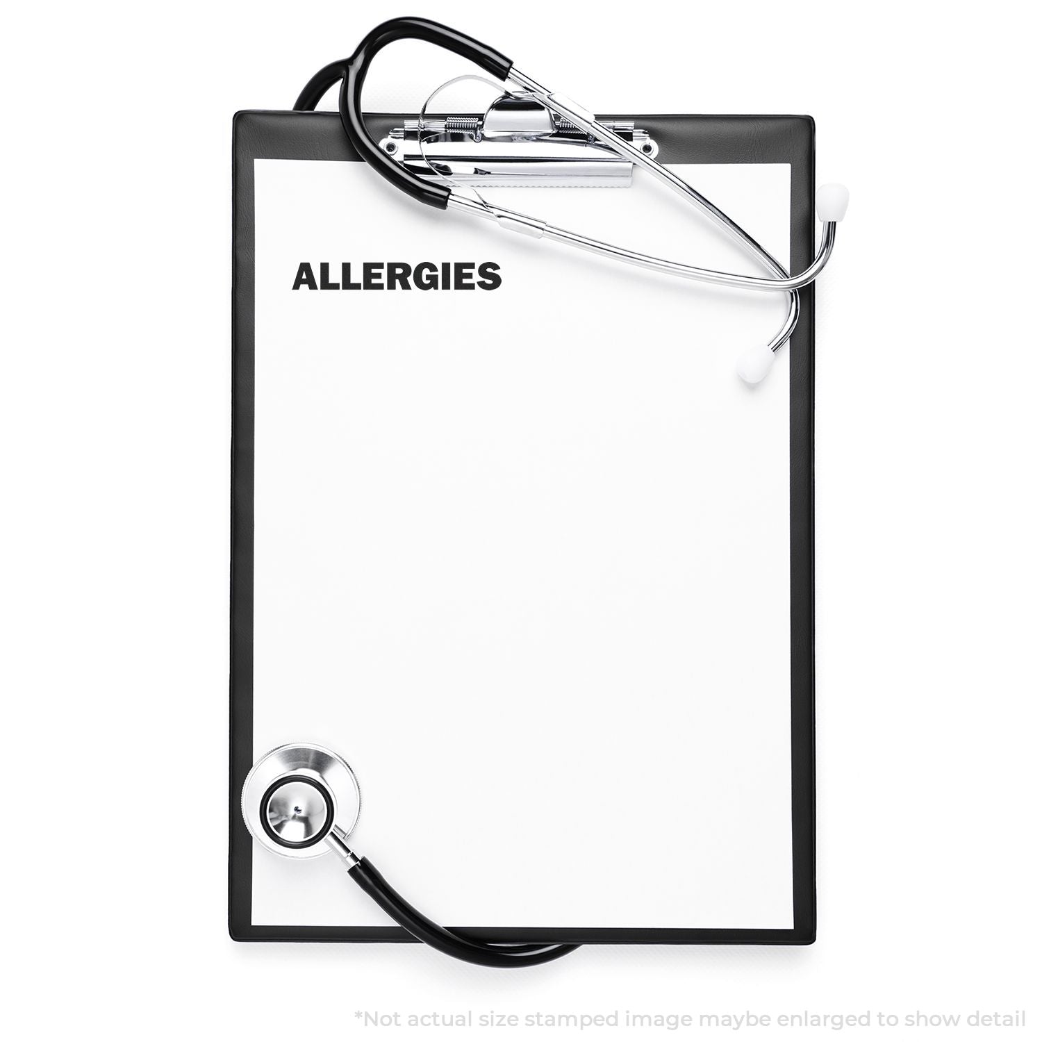 Medical checklist clipboard labeled Allergies with stethoscope, illustrating allergy diagnosis and treatment for healthcare SEO.