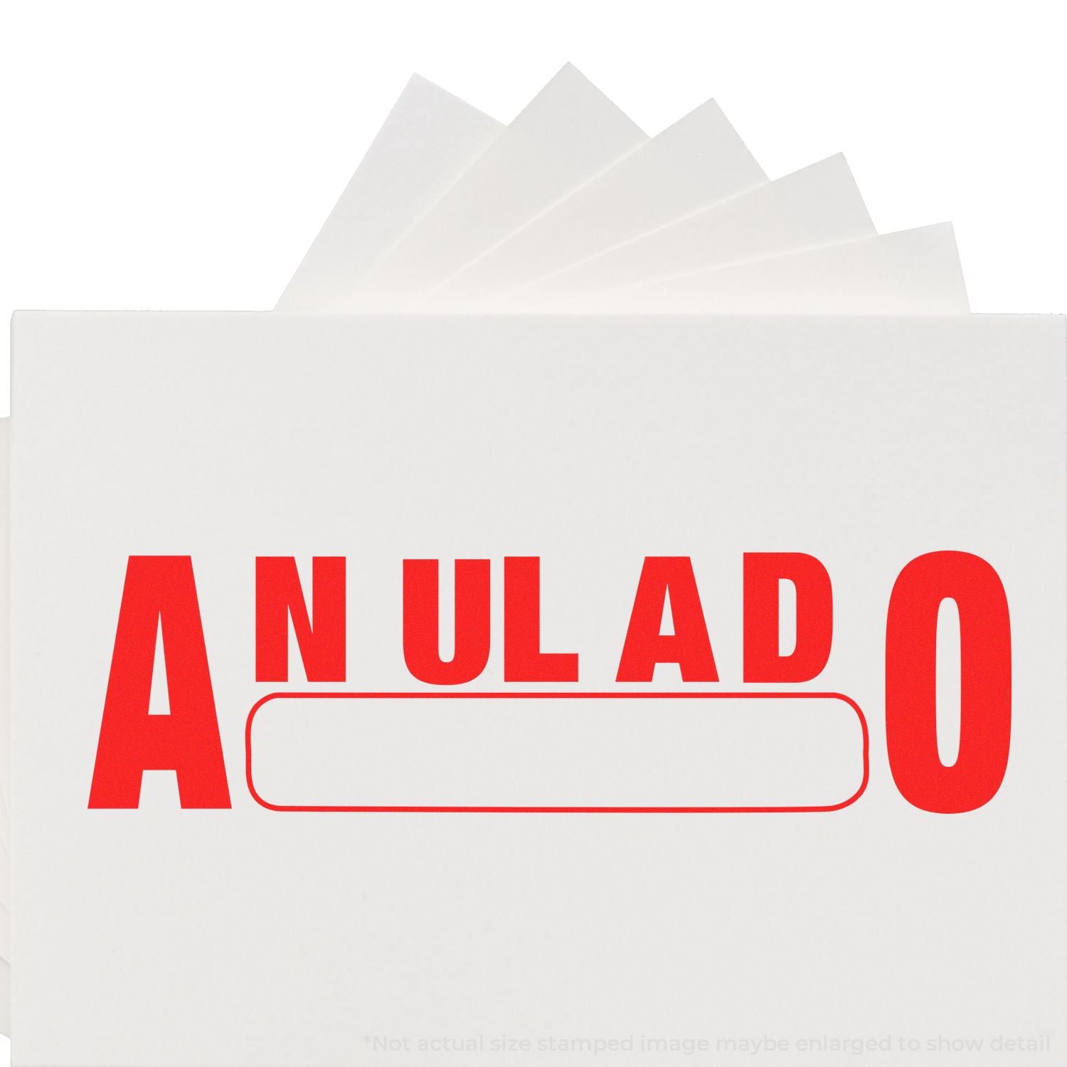 Red ANULADO stamp on white document cover with papers, showing a canceled/void order or application.