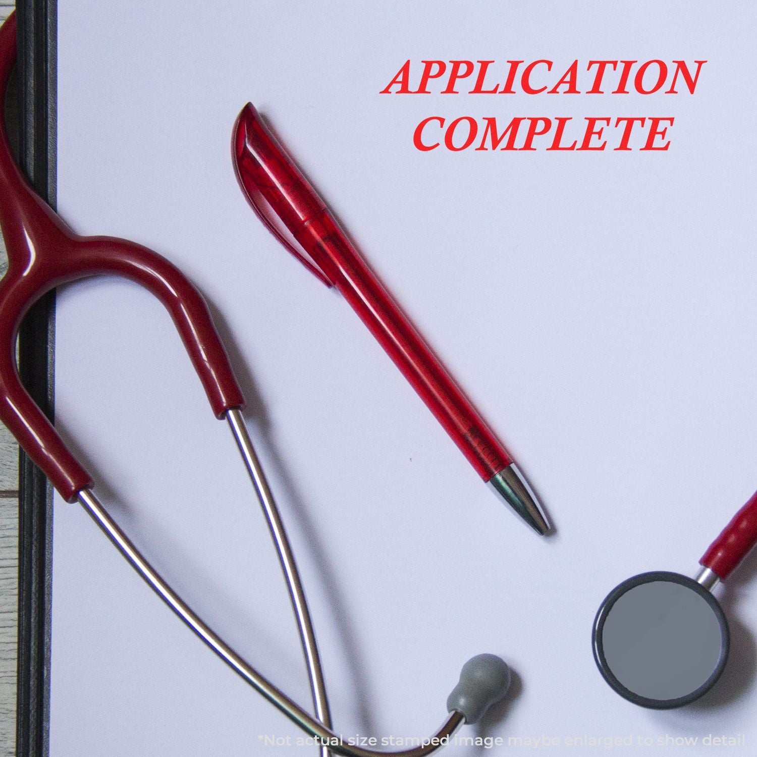 Application complete banner with medical pens and stethoscope, signaling a submitted healthcare application confirmation form.