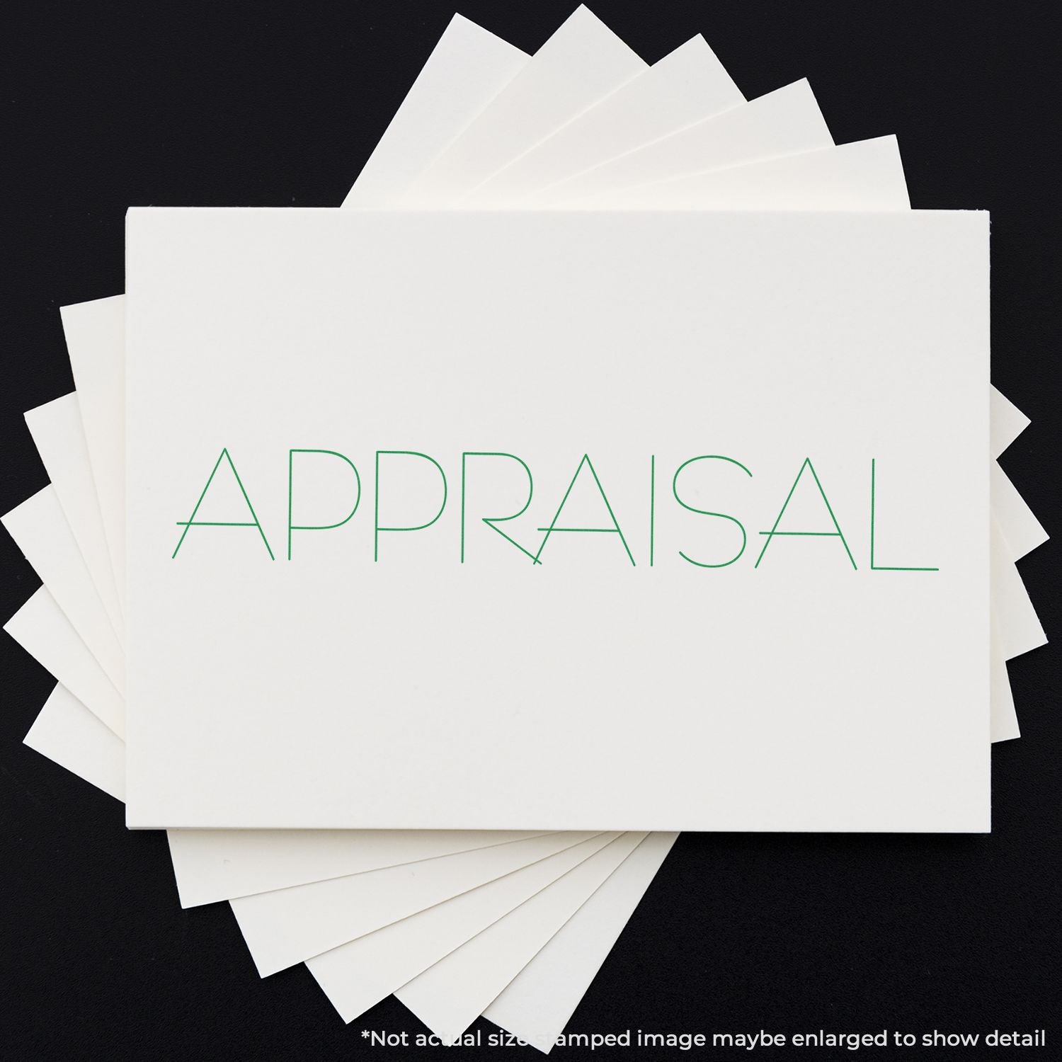 Appraisal document cards stacked on black background with green APPRAISAL text, representing property appraisal services.