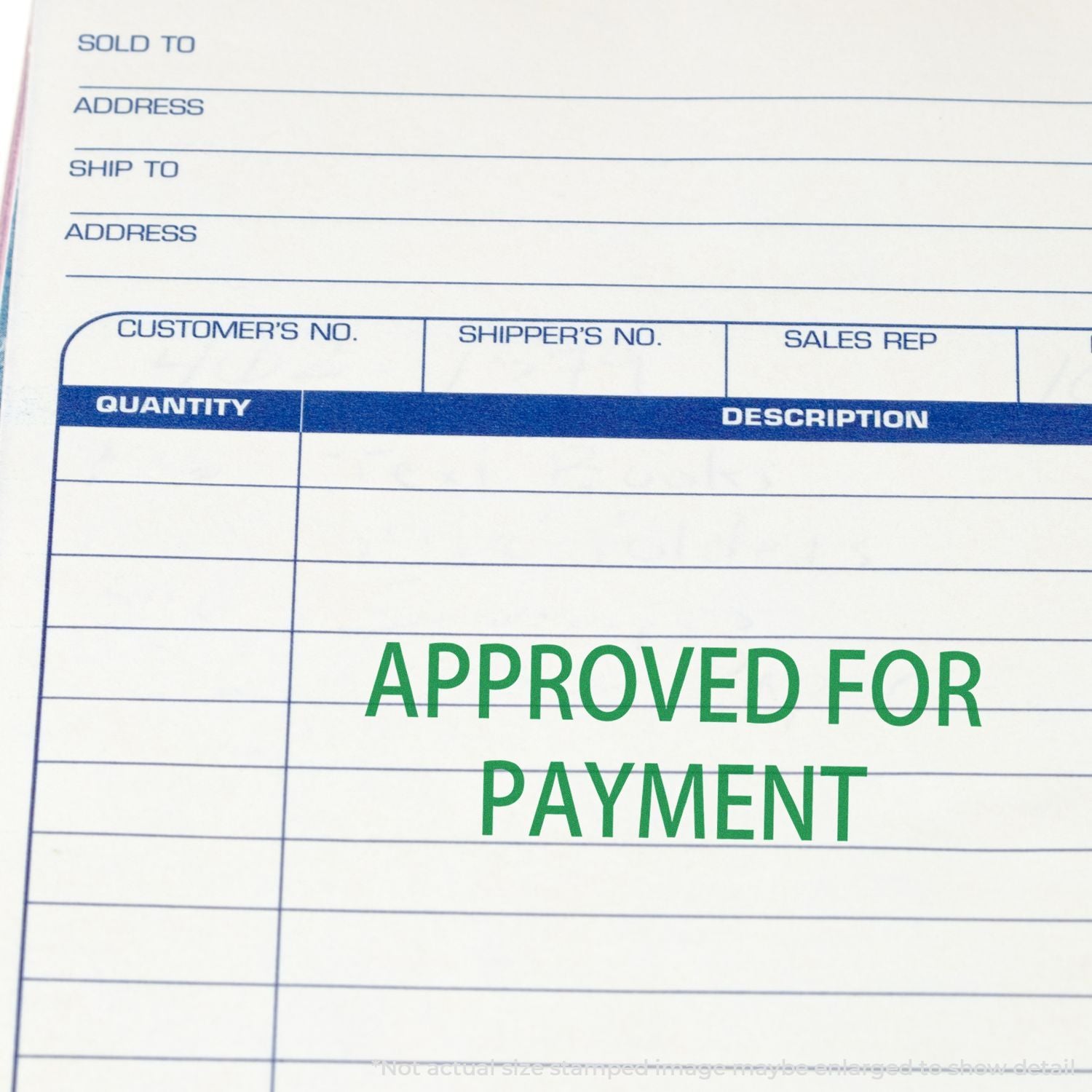 Sales invoice form with customer and ship-to fields and green stamp Approved for Payment for accounts payable processing.