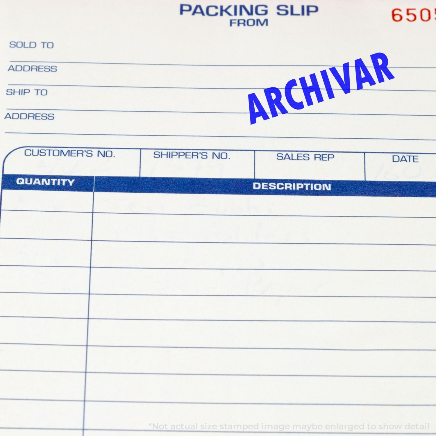 Blank packing slip form with ARCHIVAR stamp, shipping and sales order document template for business records