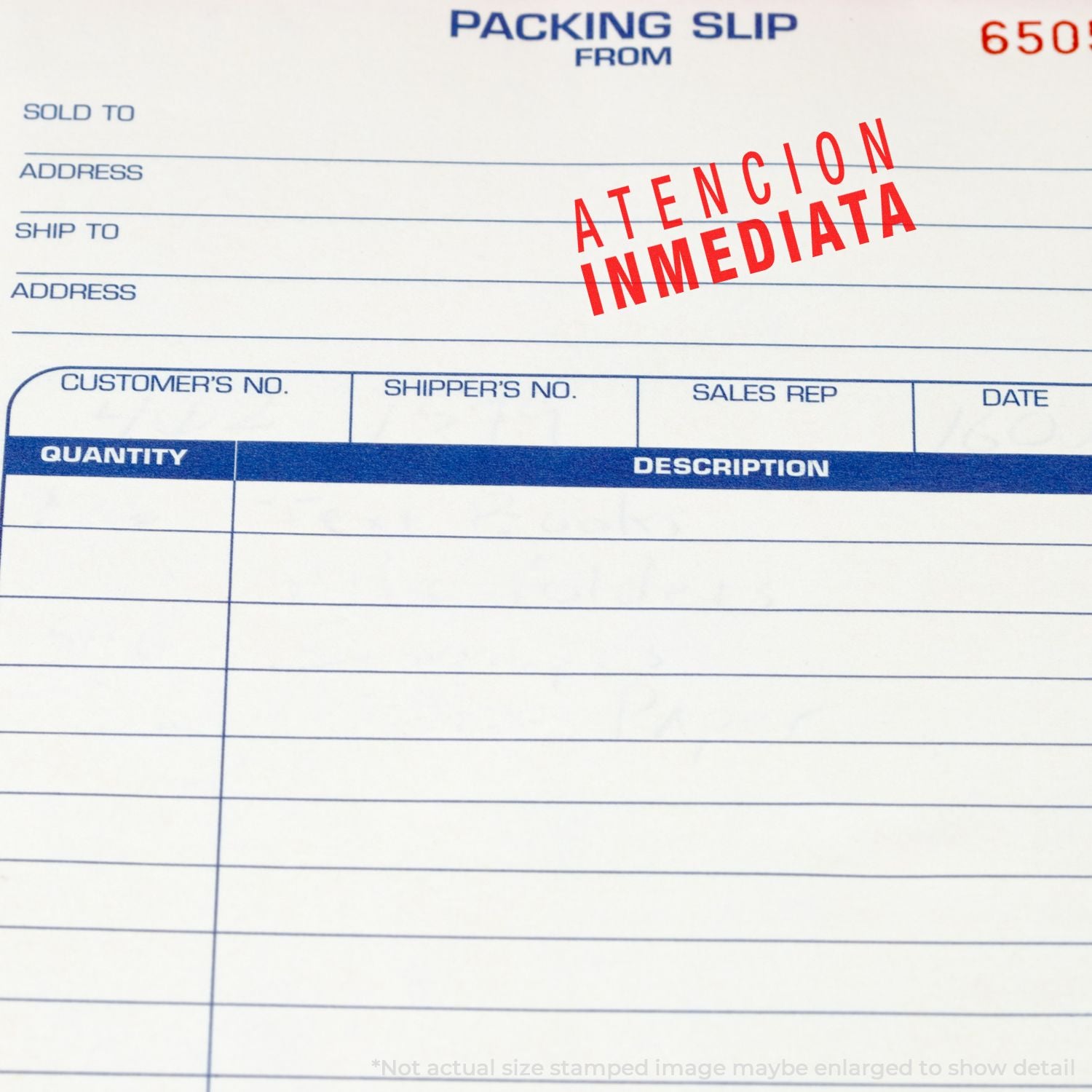 Packing slip form with Atencin Inmediata stamp, used for shipment documentation and customer order delivery details