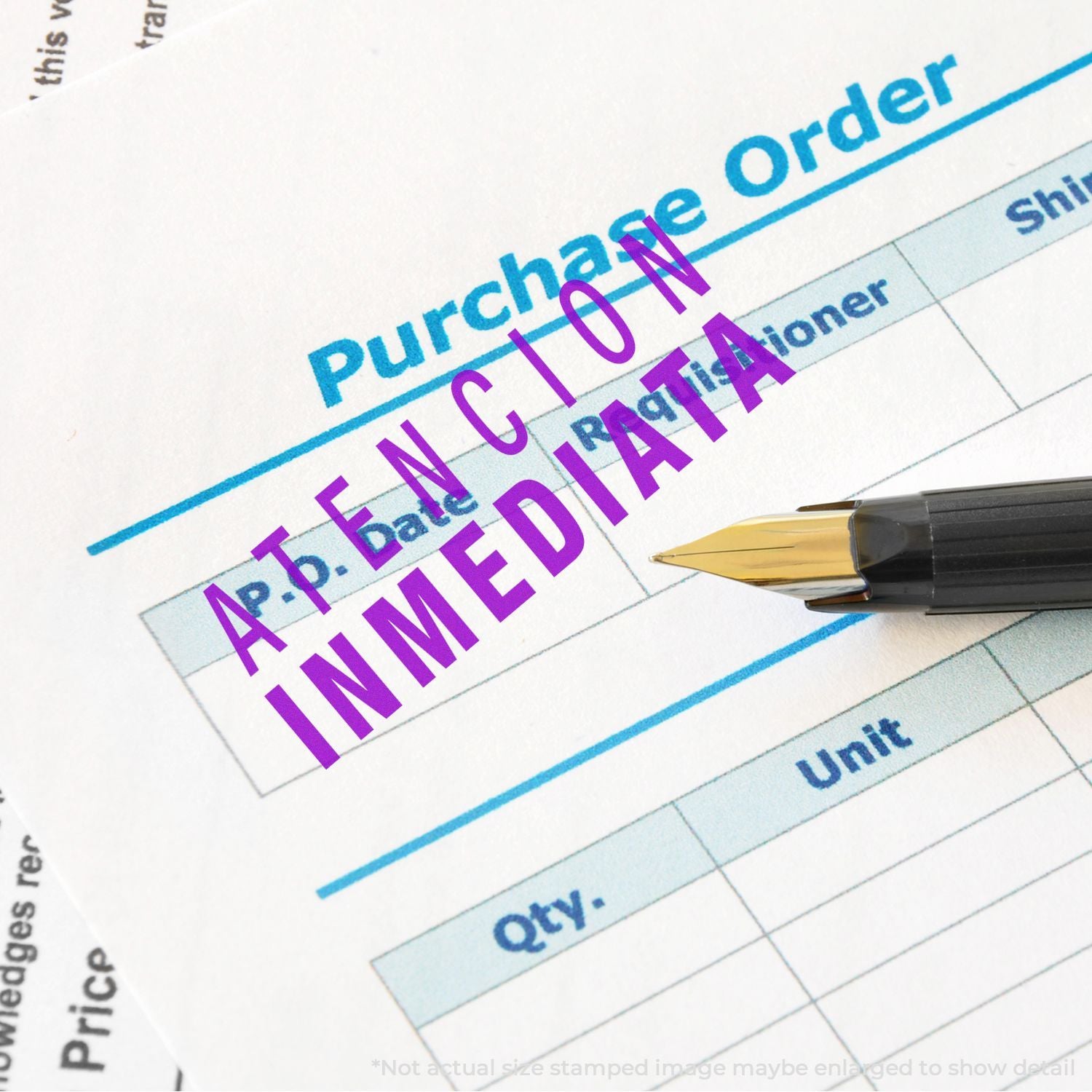Purchase order form marked with purple APPLIED stamp, pencil nearby, showing accounting approval and AP document status.