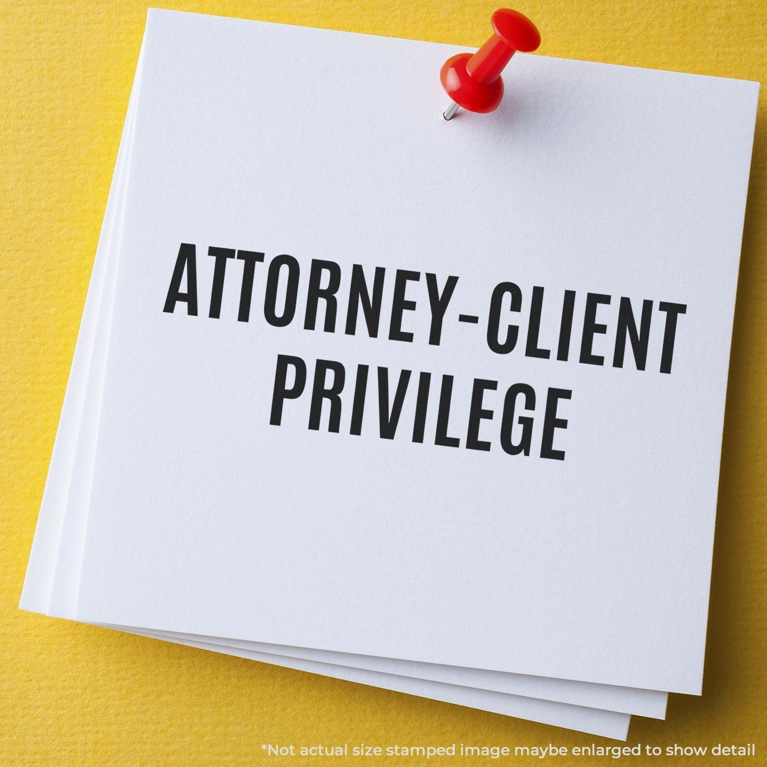 Attorney-client privilege document stack pinned with red pushpin on yellow background for legal confidentiality concept.