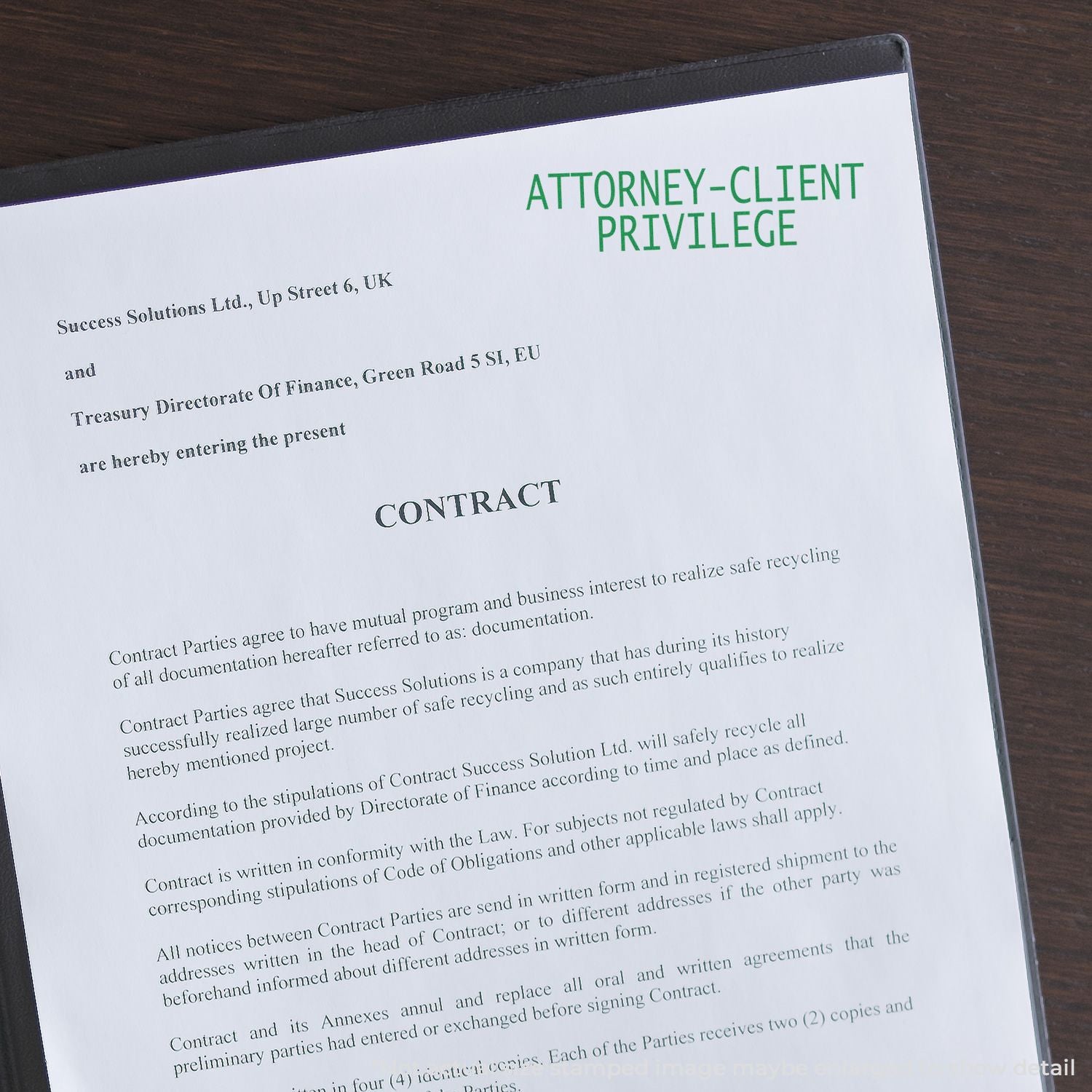 Attorney-client privilege contract document page for a recycling agreement between Success Solutions and Treasury Directorate of Finance.