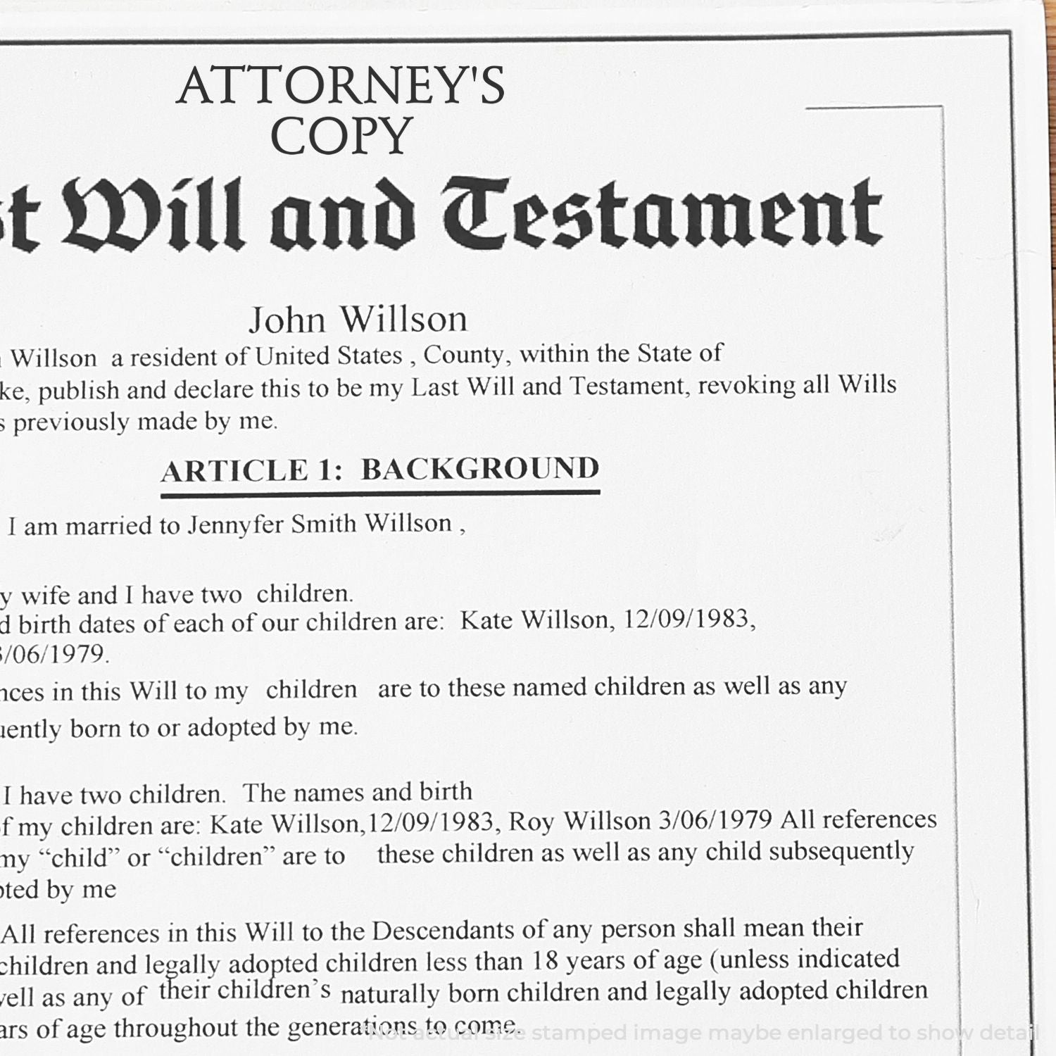Attorney's copy of last will and testament document for John Willson, showing background article and family details.