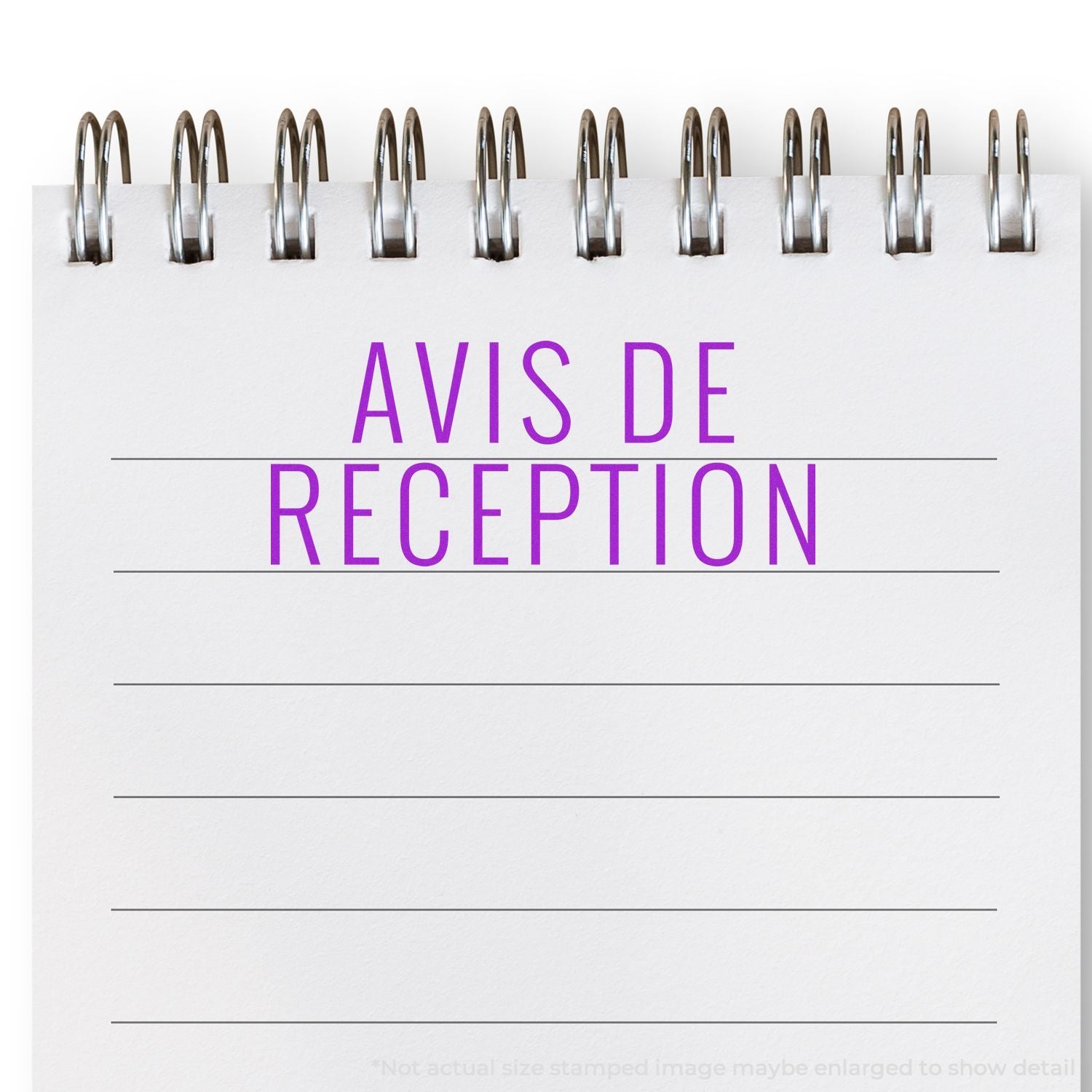 Spiral notebook page with the French words avis de rception in purple text on a clean white background.