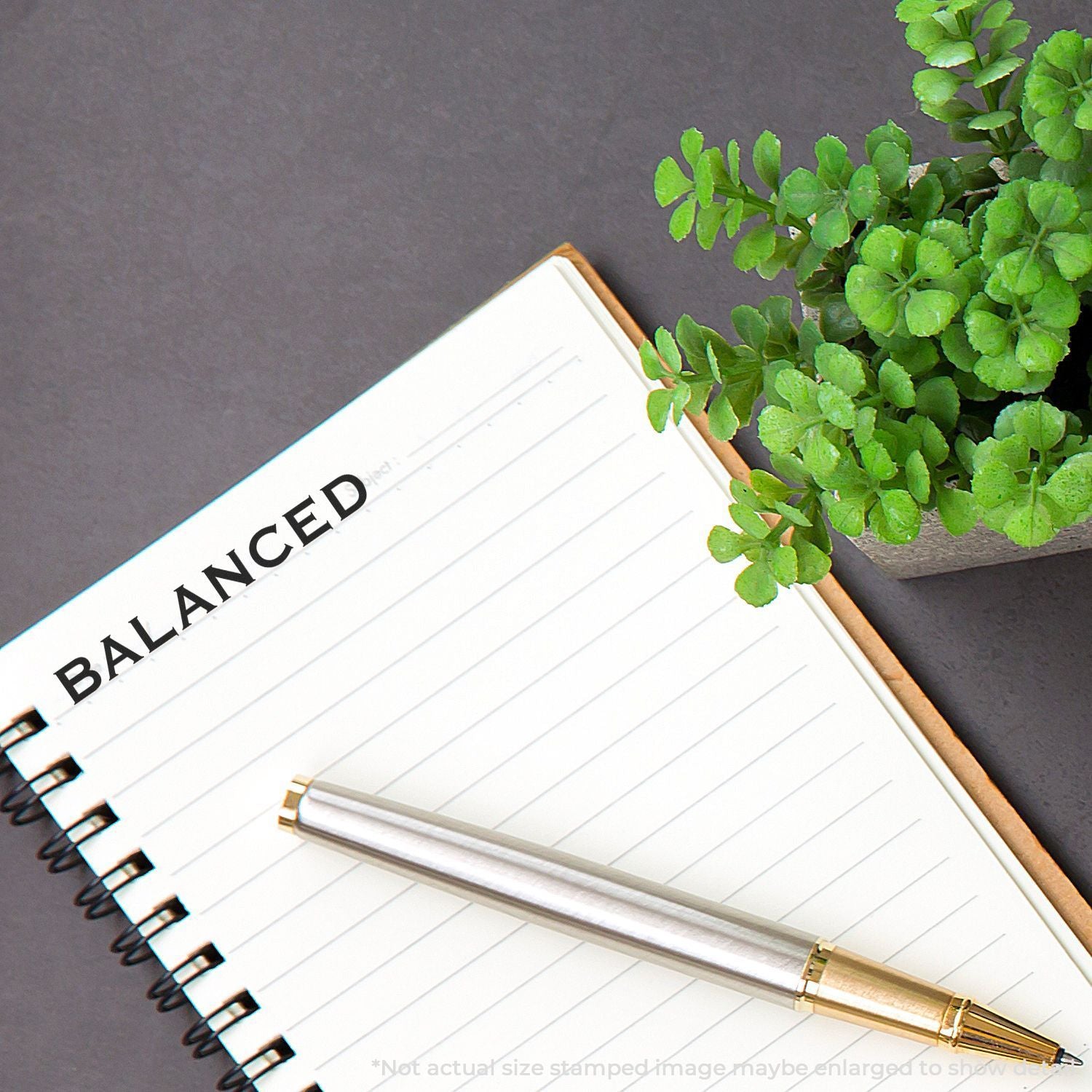 Balanced notebook with pen and green potted plant on a dark desk background