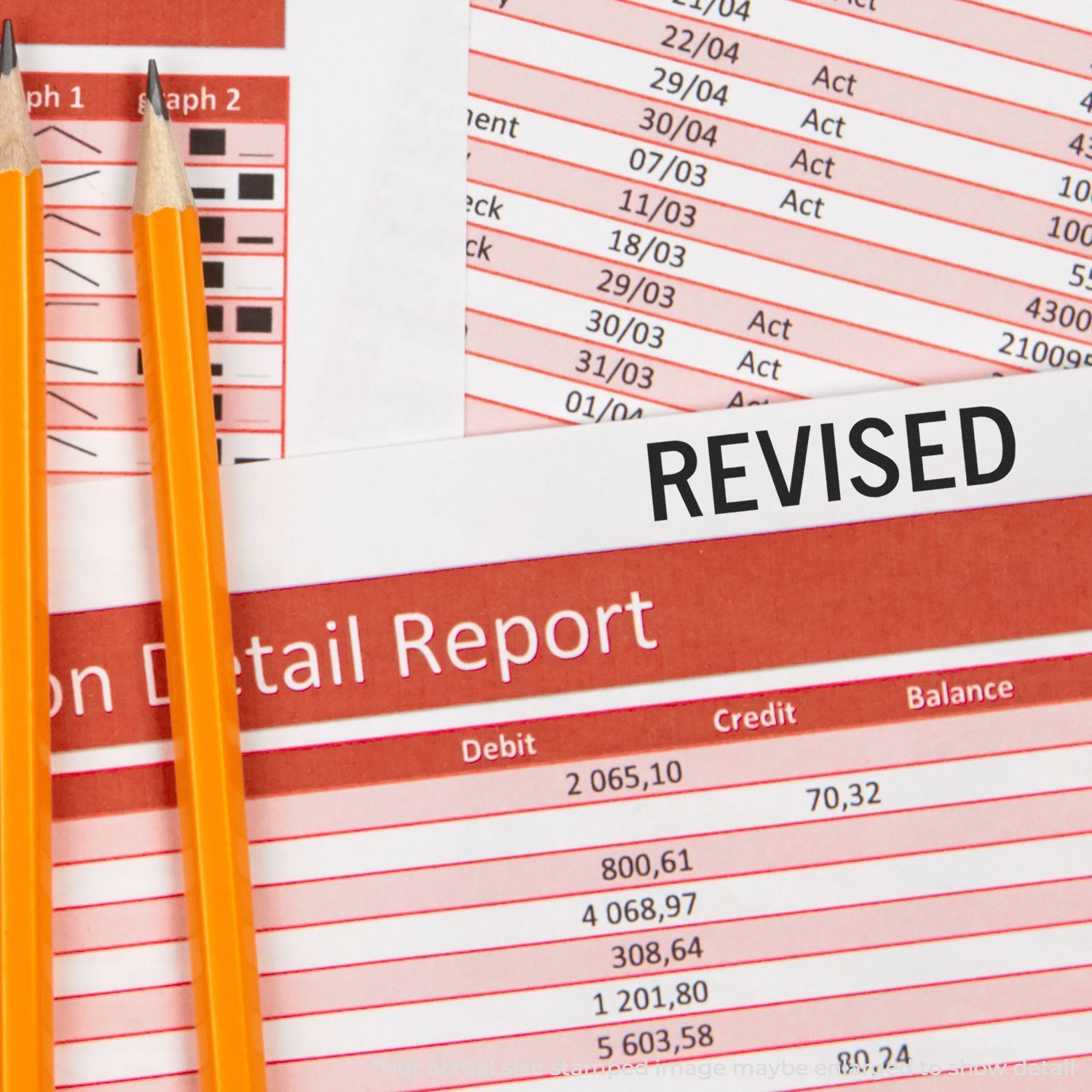 Accounting review document showing Revised entries, debit and credit figures, and balance totals for financial report auditing bookkeeping.