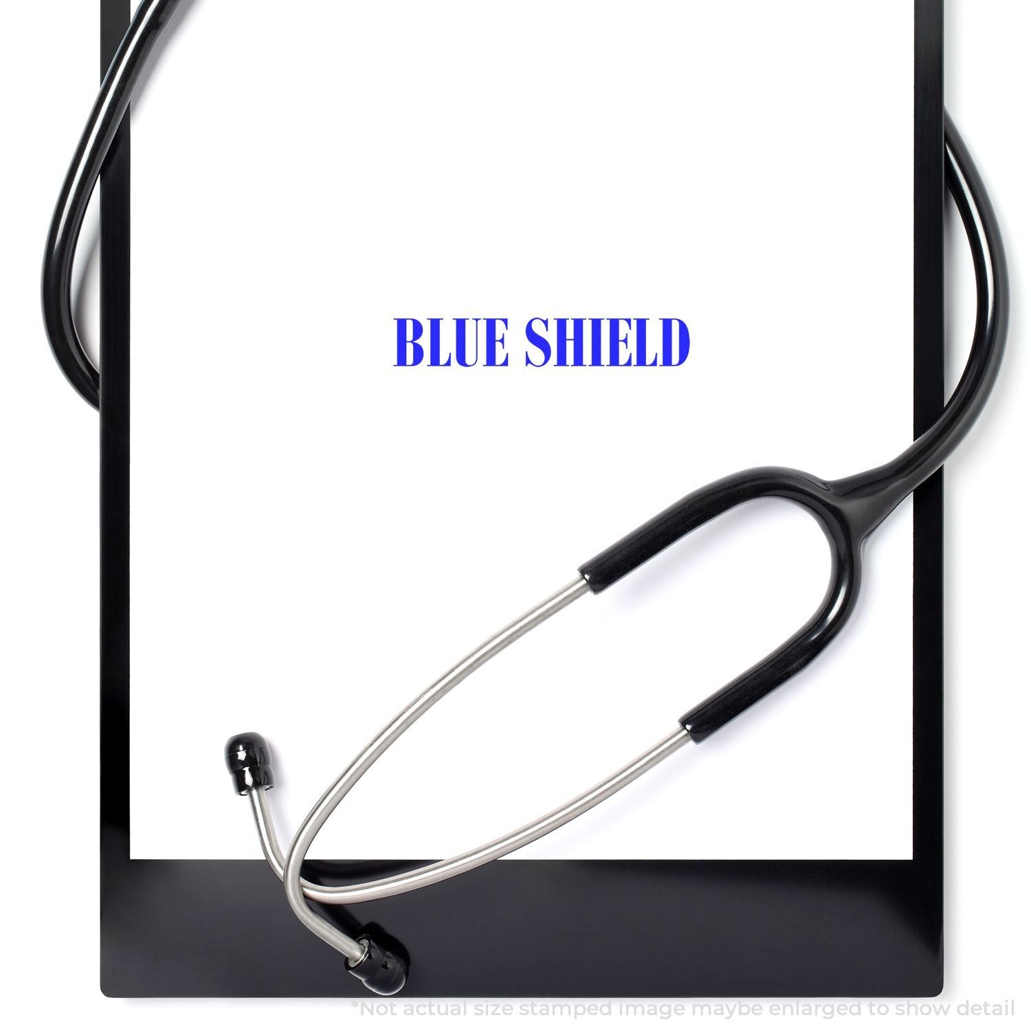 Blue Shield health insurance stethoscope graphic, promoting medical care coverage and wellness services.