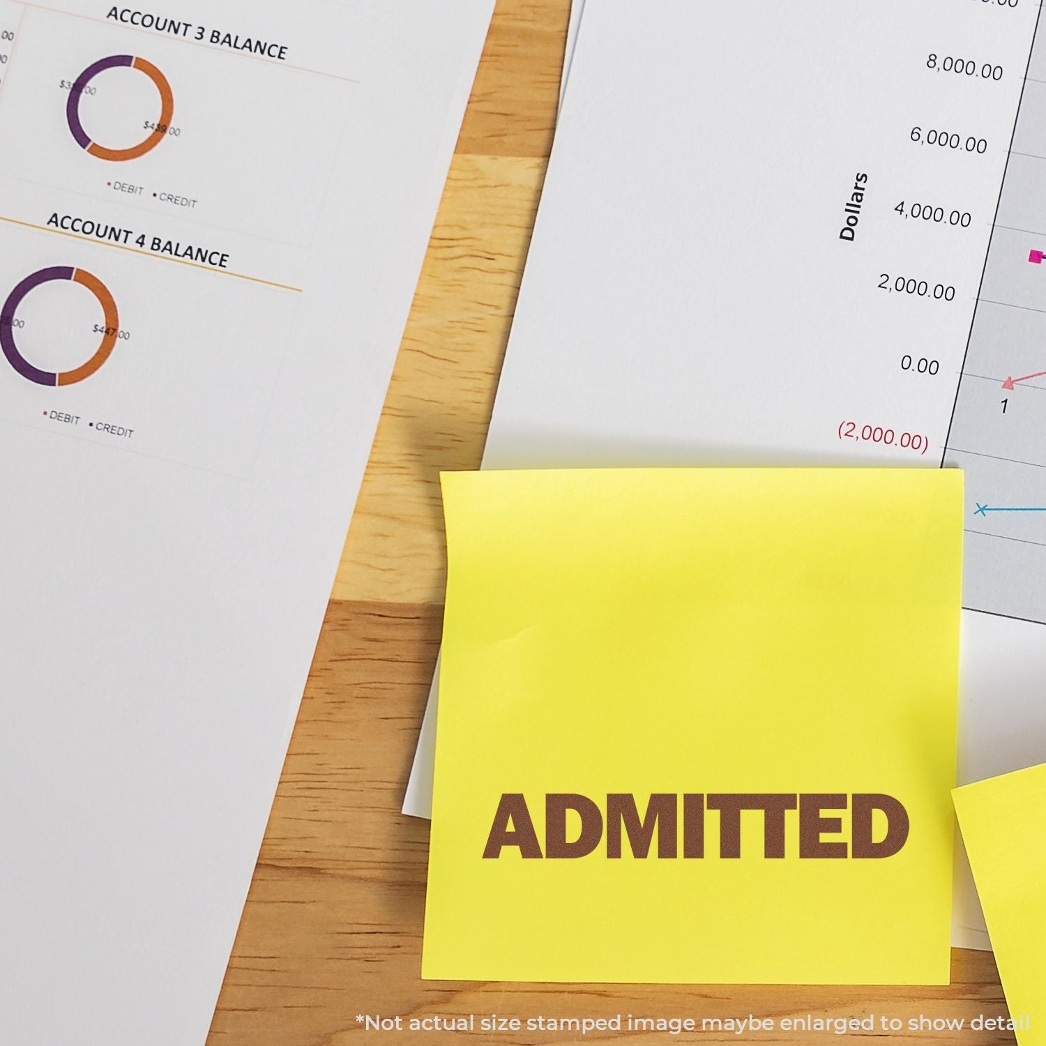 Yellow sticky note with ADMITTED on financial account balance charts and graphs on a wooden desk.
