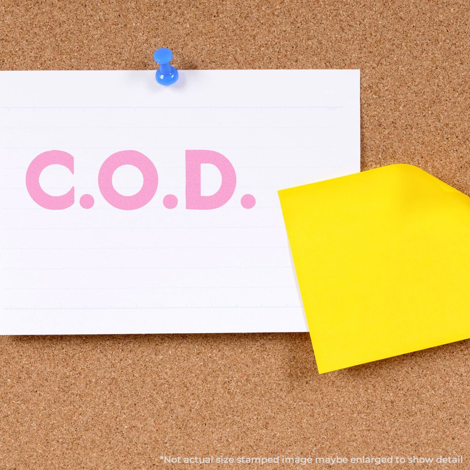 Corkboard reminder note pinned with blue pushpin, showing C.O.D. letters and a yellow sticky note.