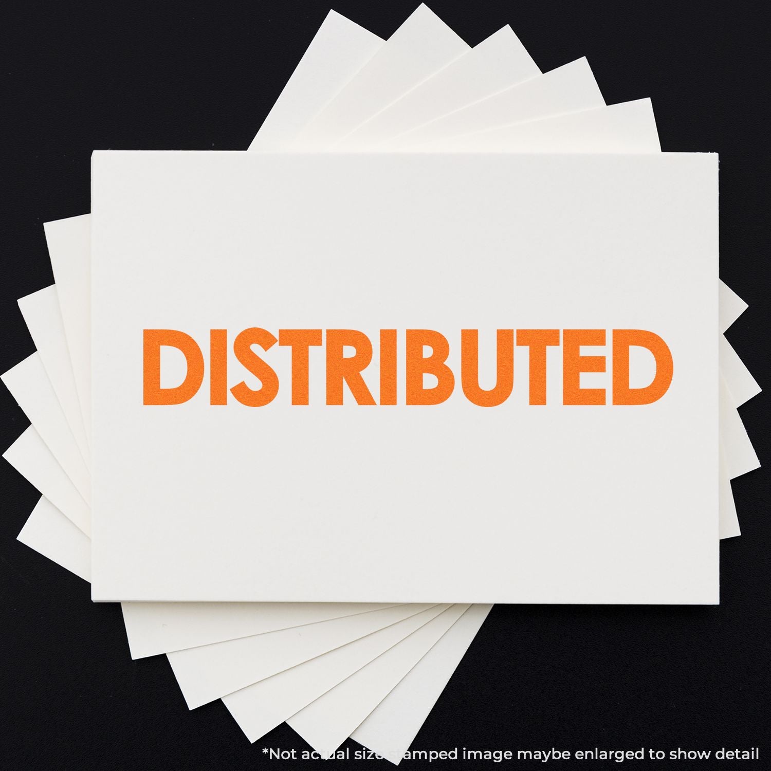 Stack of white papers on dark background with bold orange text Distributed, symbolizing document distribution and logistics