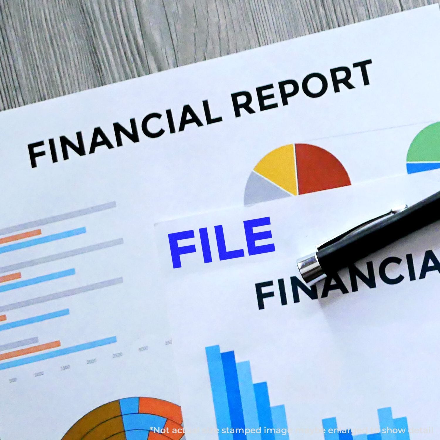 Financial report file with colorful business charts and pen, finance accounting analysis document.