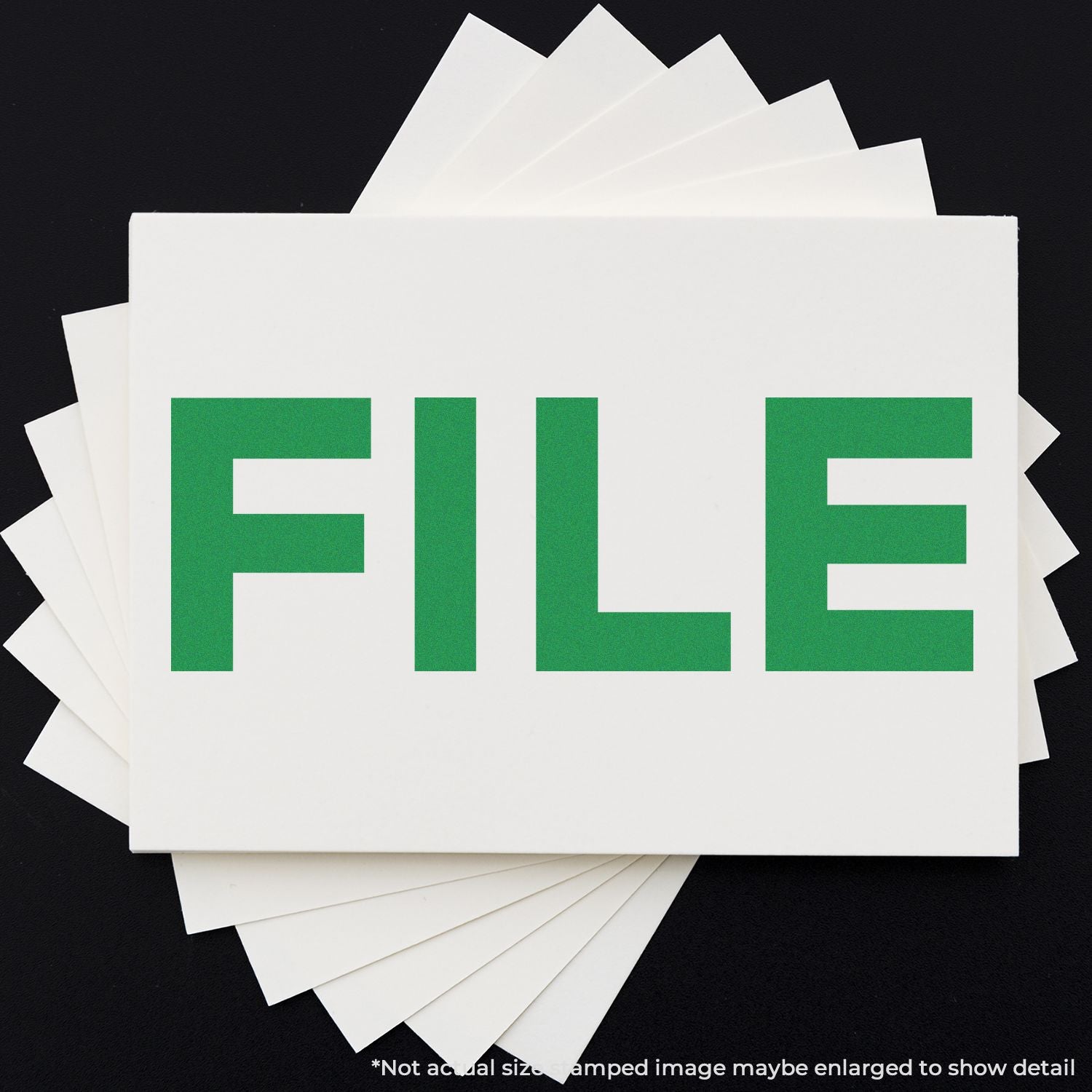 Stacked paper file cards with bold green FILE text on white background for document filing branding.