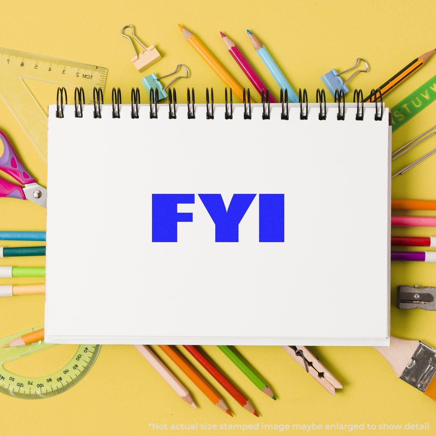 Colorful school supplies surround an FYI notebook, promoting back-to-school stationery and education content for students learning.