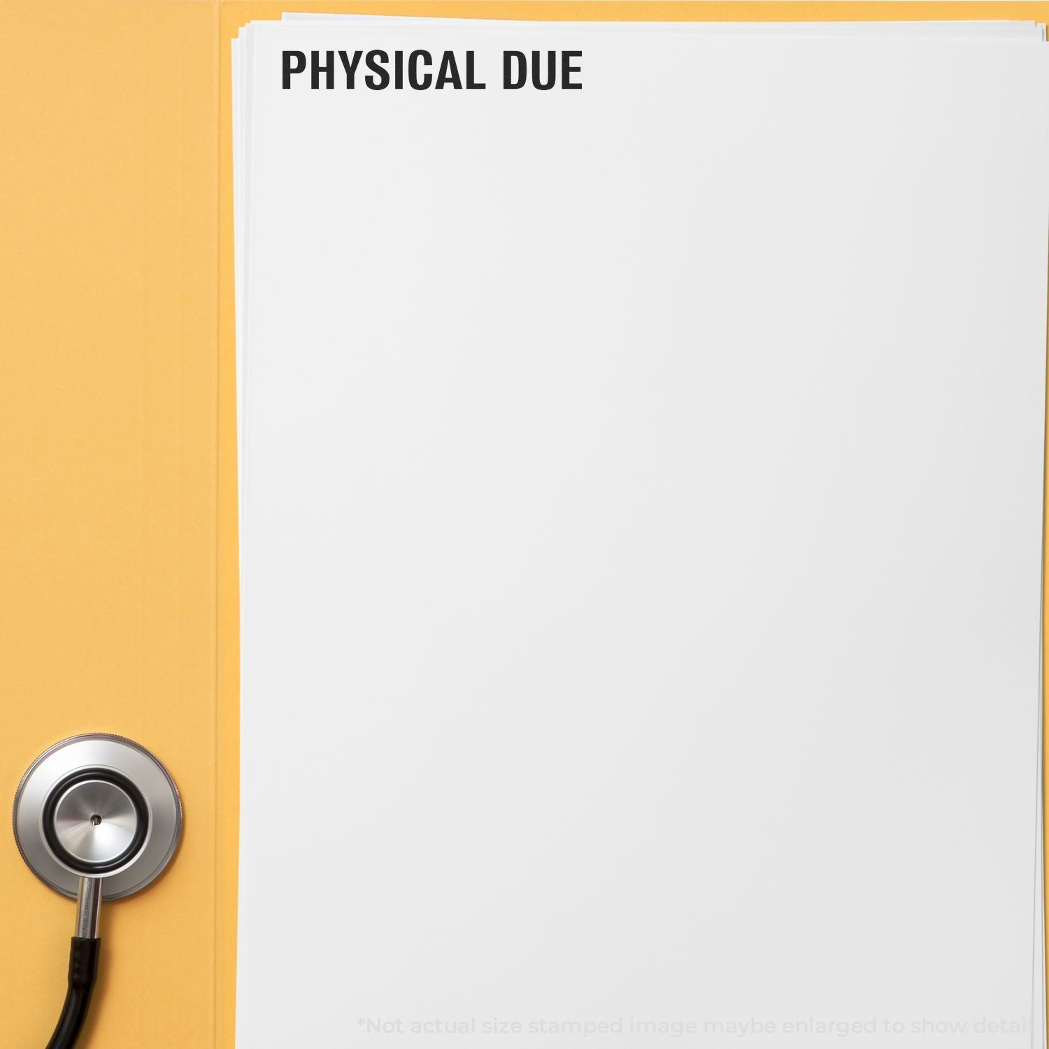 Yellow folder with a blank document labeled Physical Due and a metal hole punch clip on the left side.