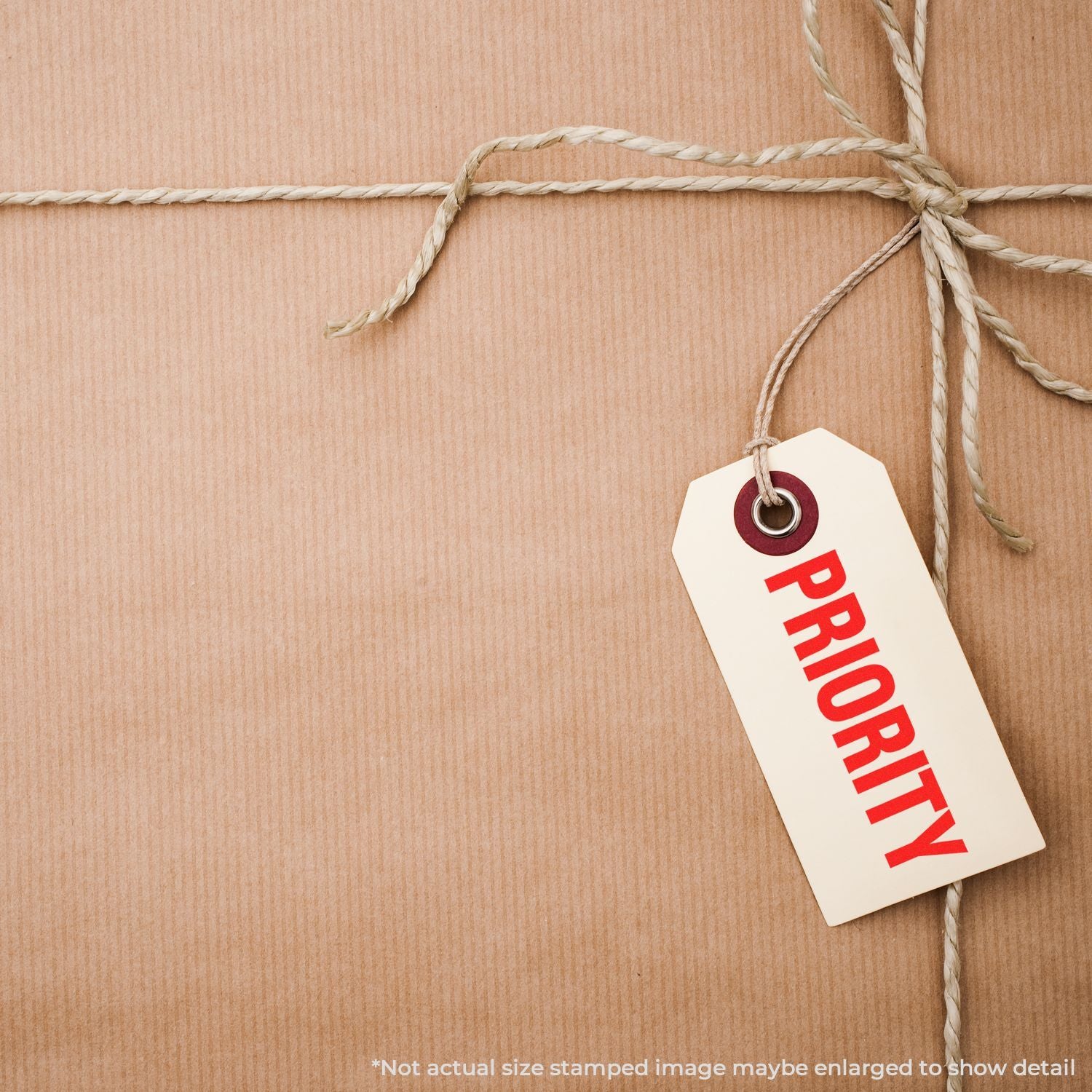 Priority shipping label tied with twine on a wood background for warehouse logistics, urgent parcel delivery, and tracking.